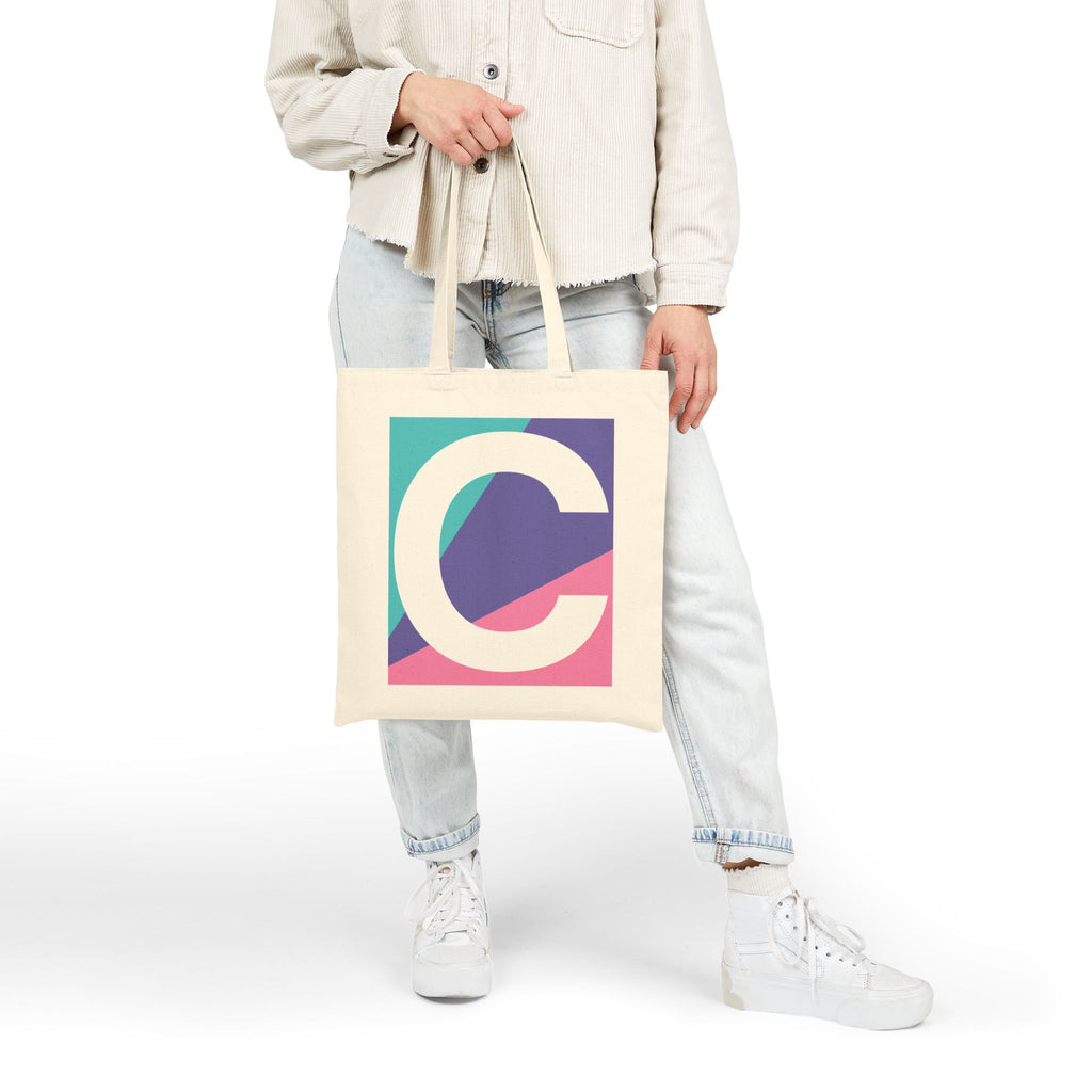 Initial C Colorblock Canvas Tote Bag — Monogram Letter C Reusable Grocery Tote