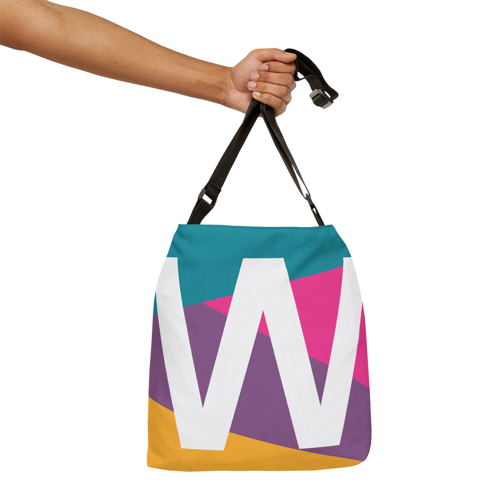 Initial Letter 'W' Colorblock Adjustable Tote Bag — Monogram Alphabet Shoulder Bag