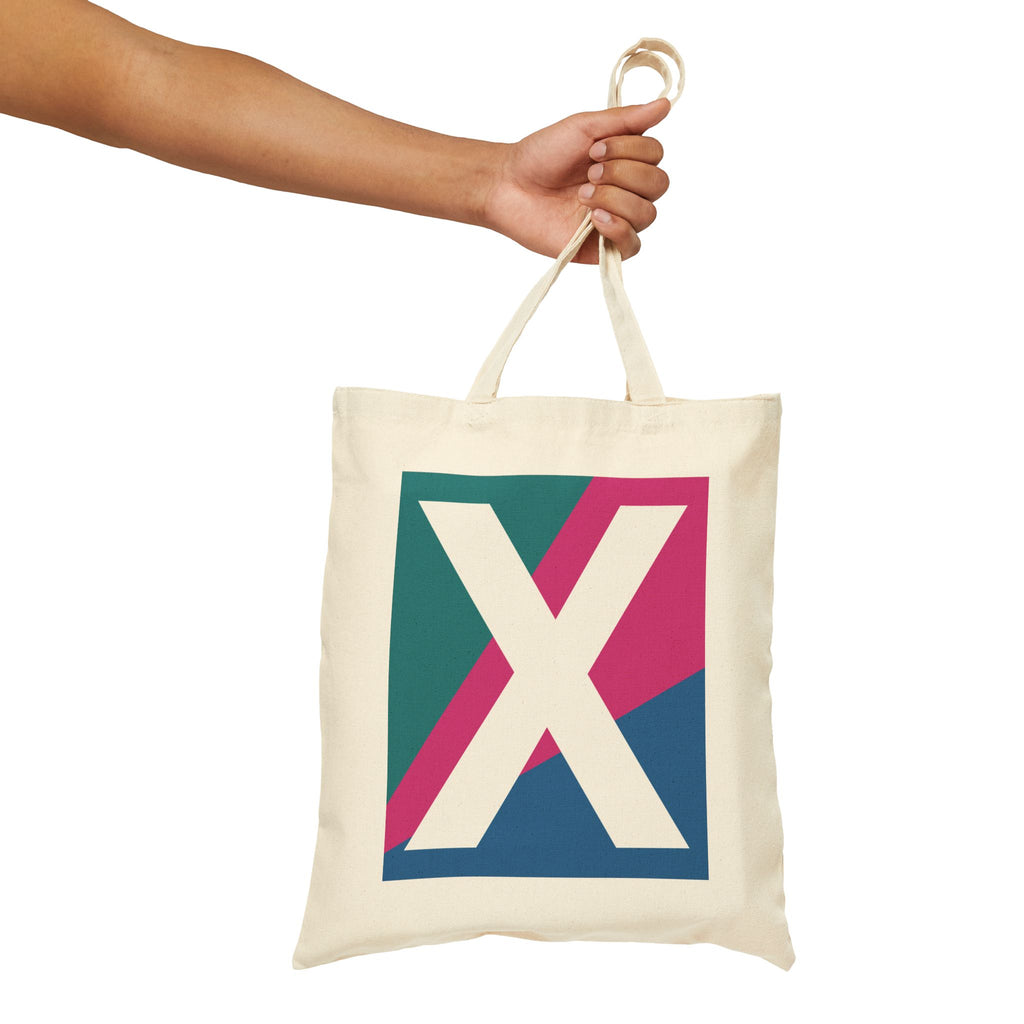 Initial X Colorblock Canvas Tote Bag — Monogram Letter X Reusable Grocery Tote