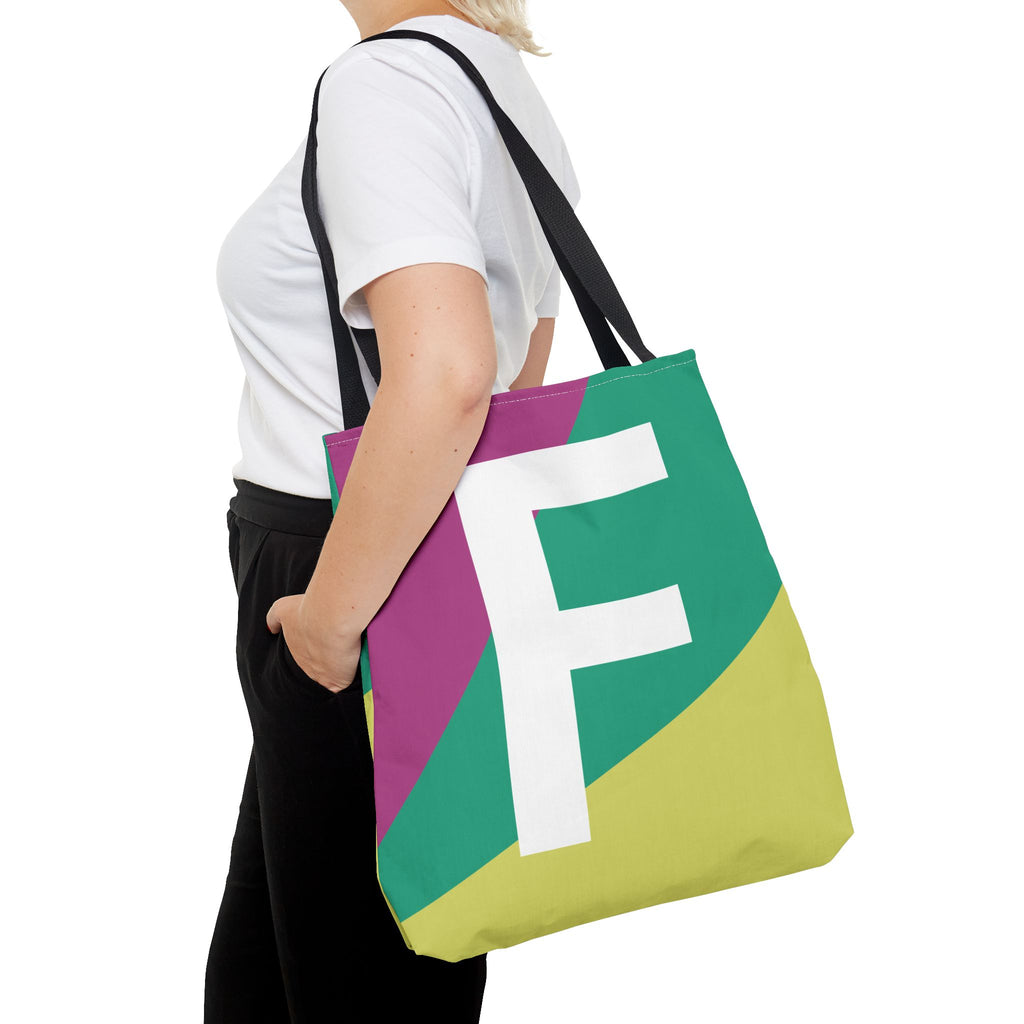 Monogram 'F' Colorblock Tote Bag — Personalized Initial F Shoulder Tote