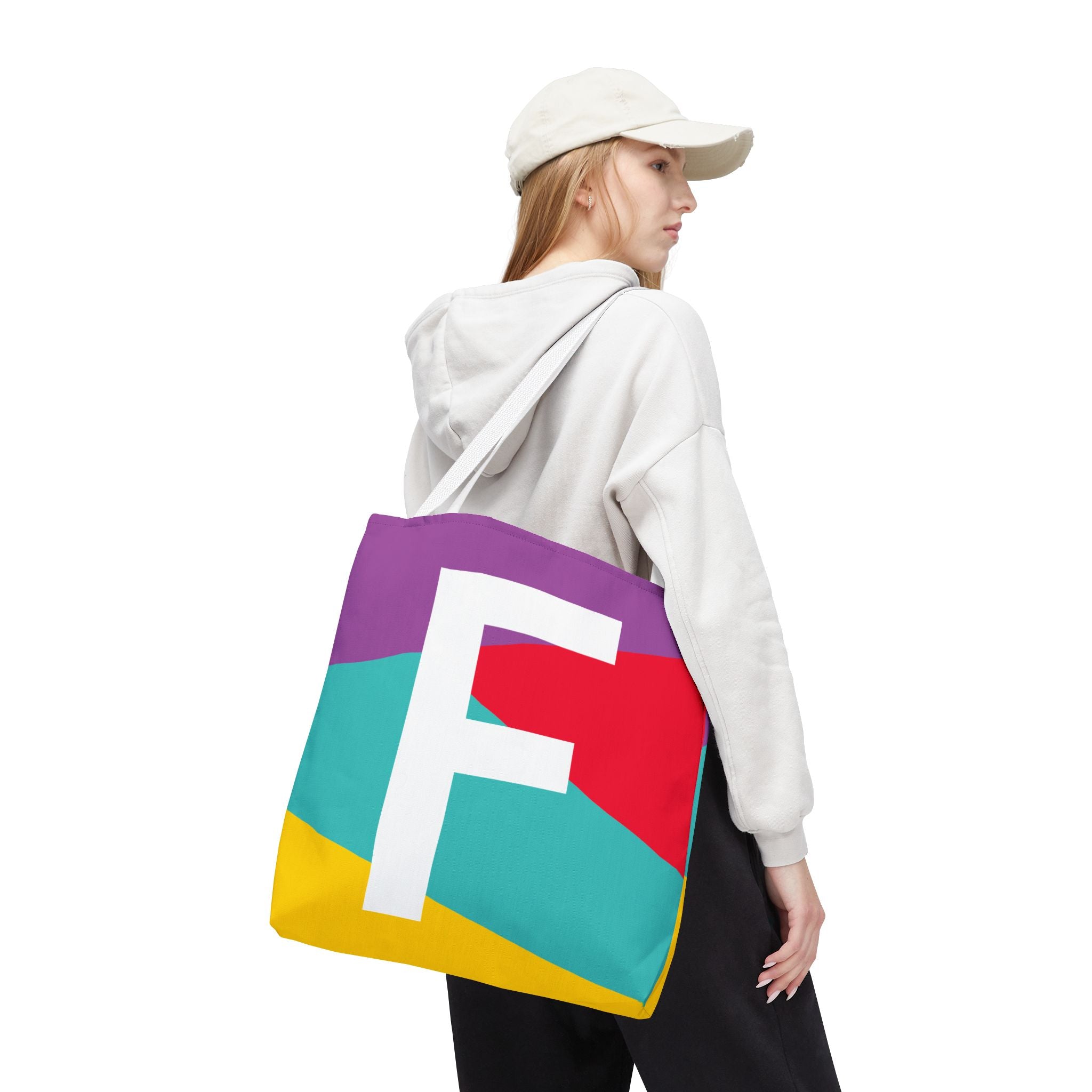 Monogram 'F' Colorblock Tote Bag — Personalized Initial F Shoulder Tote