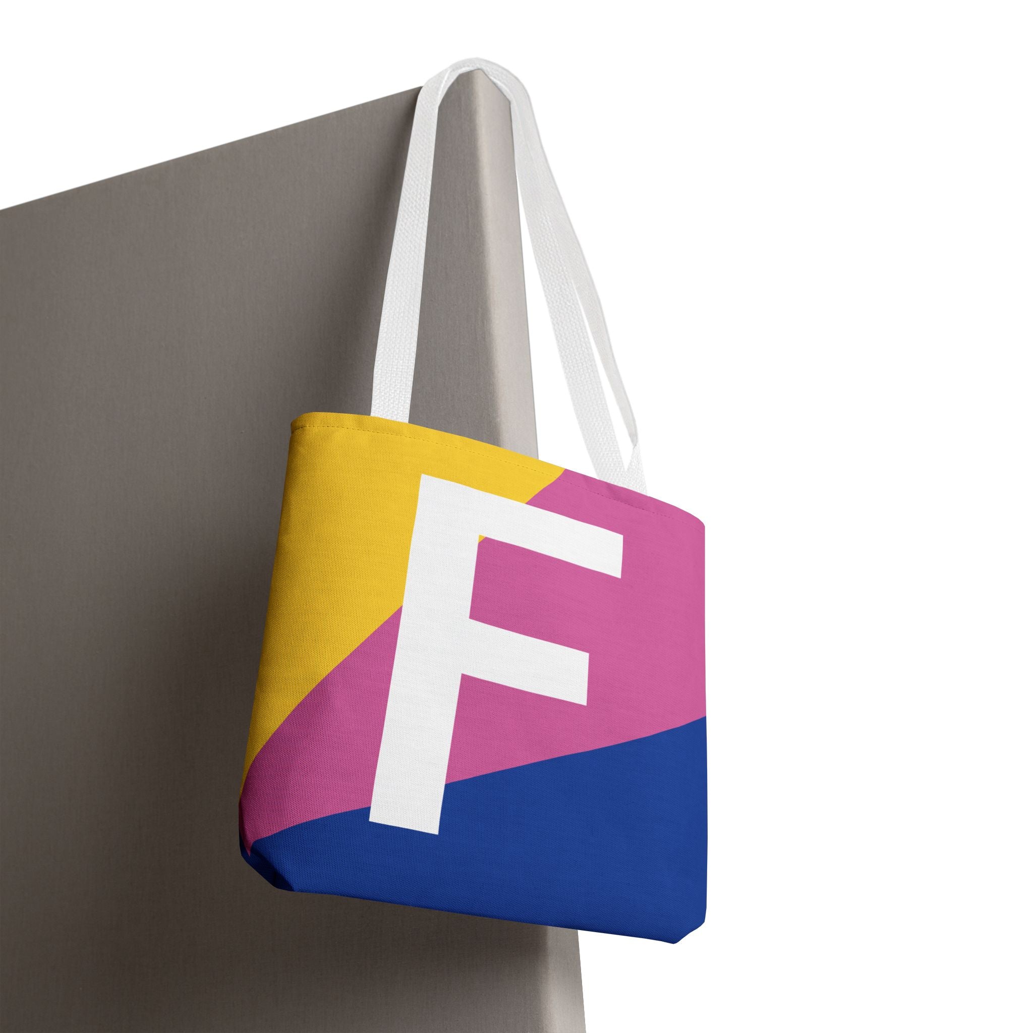 Monogram 'F' Colorblock Tote Bag — Personalized Initial F Shoulder Tote