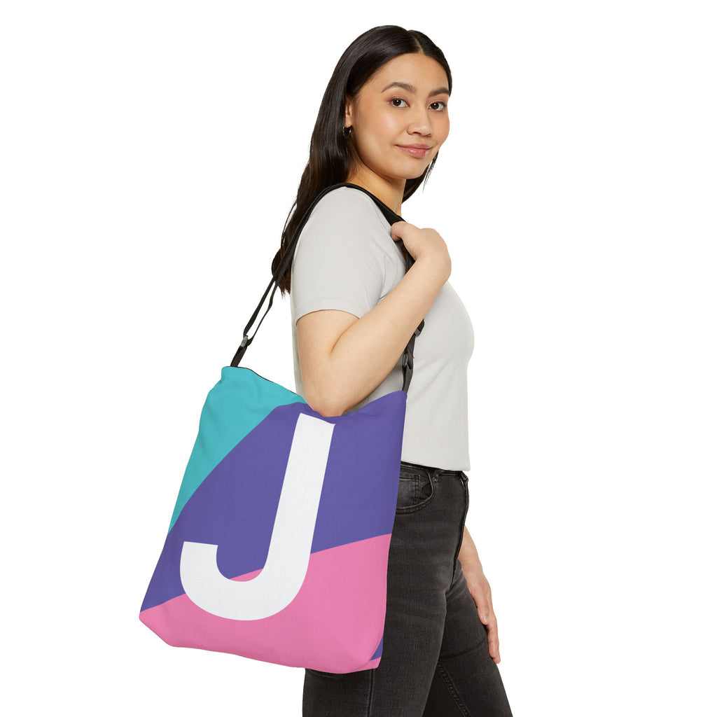 Initial Letter 'J' Colorblock Adjustable Tote Bag — Monogram Alphabet Shoulder Bag