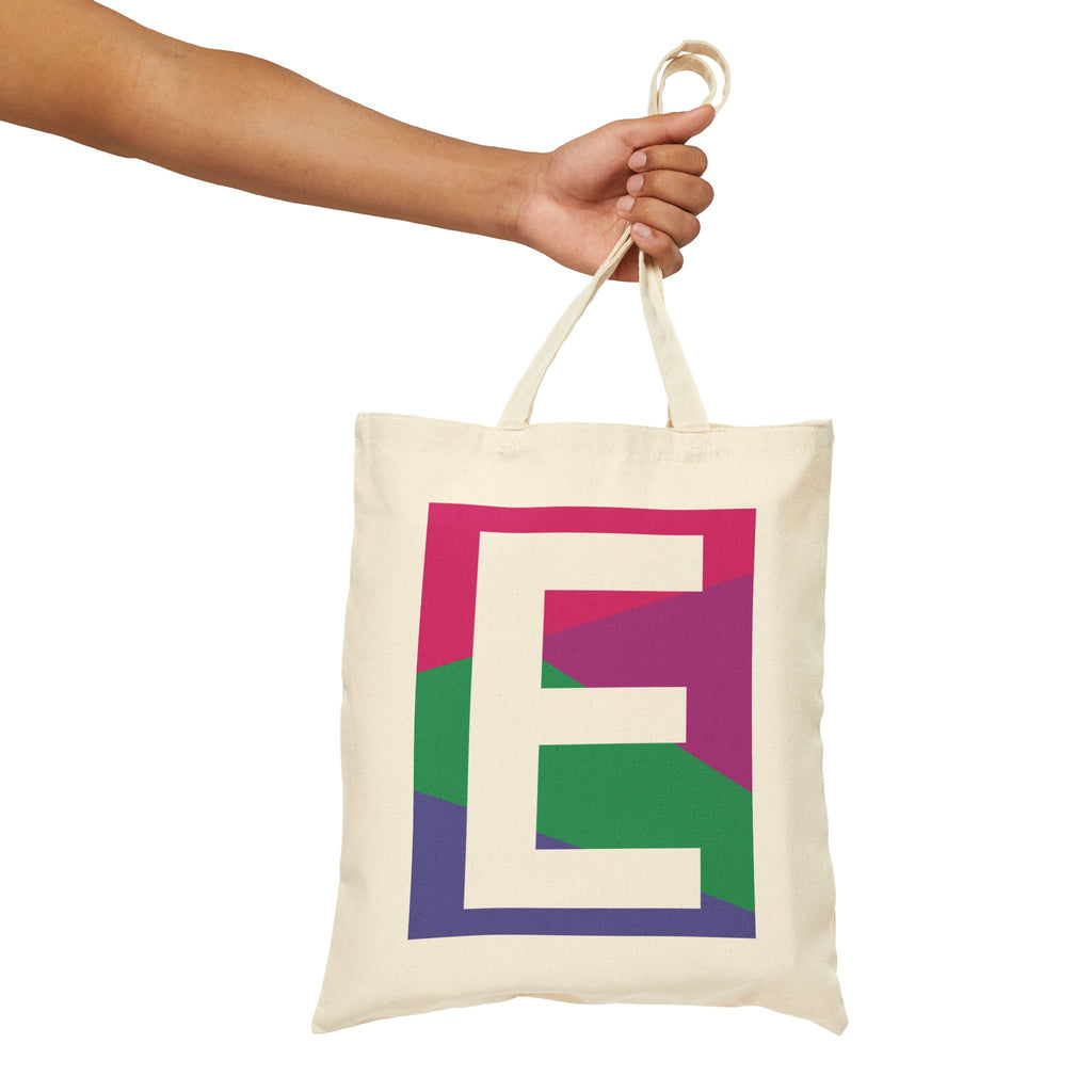 Initial E Colorblock Canvas Tote Bag — Monogram Letter E Reusable Grocery Tote