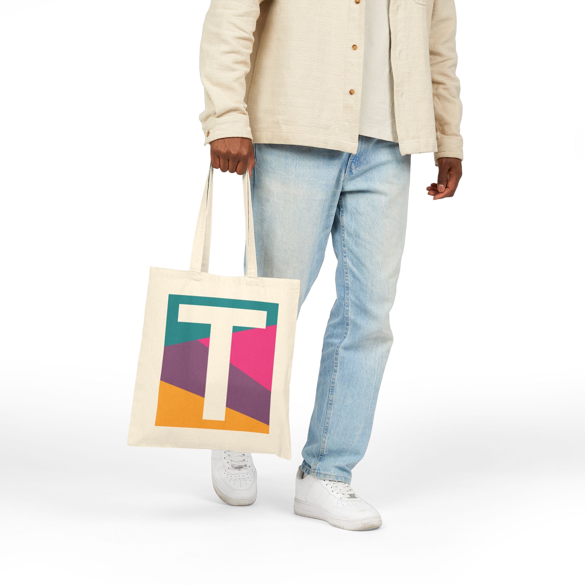 Initial T Colorblock Canvas Tote Bag — Monogram Letter T Reusable Grocery Tote