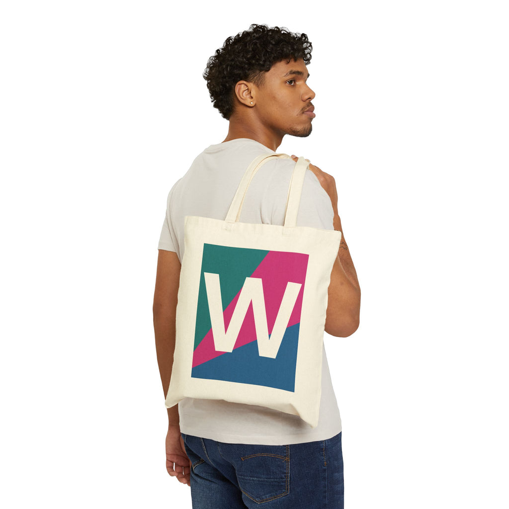 Initial W Colorblock Canvas Tote Bag — Monogram Letter W Reusable Grocery Tote