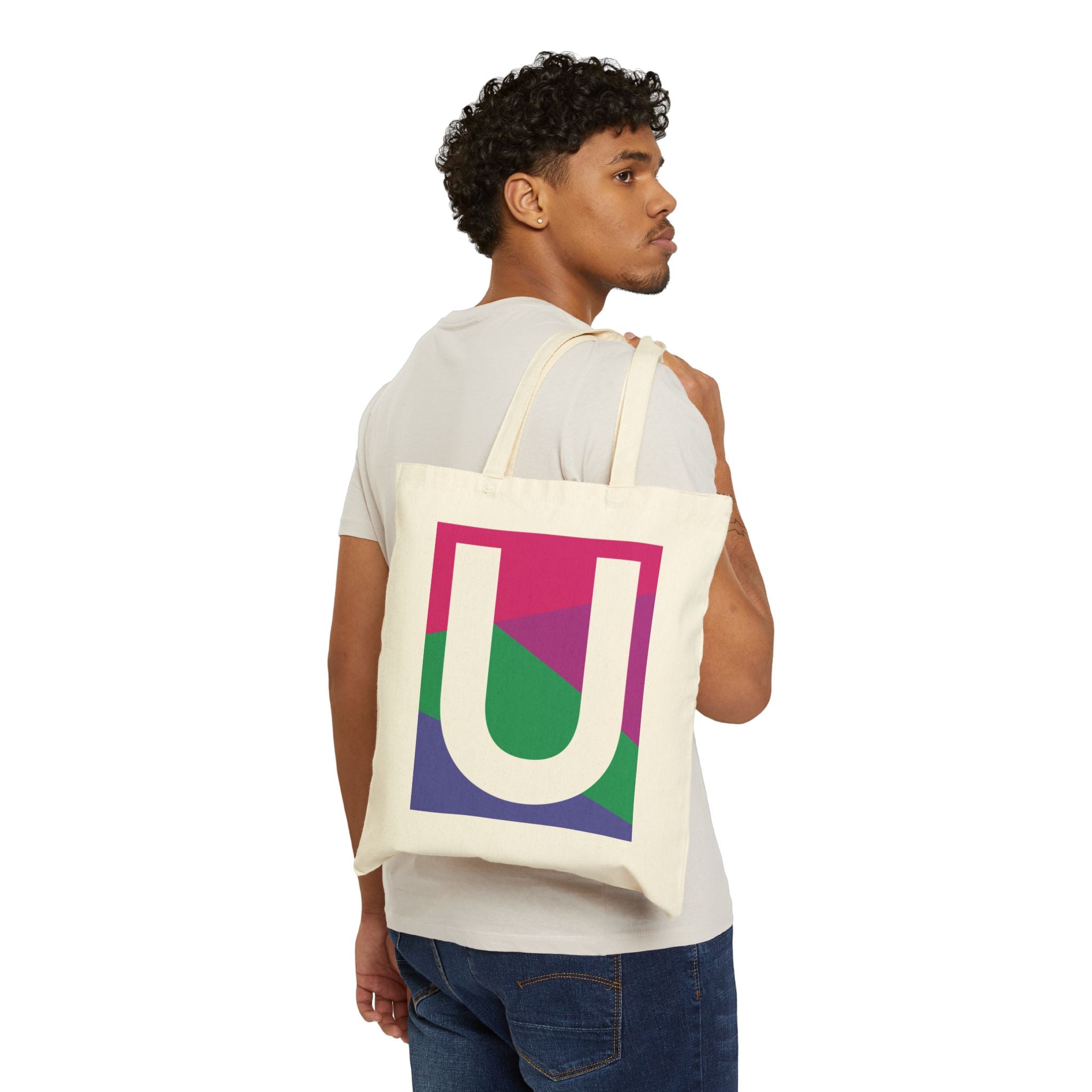 Initial U Colorblock Canvas Tote Bag — Monogram Letter U Reusable Grocery Tote