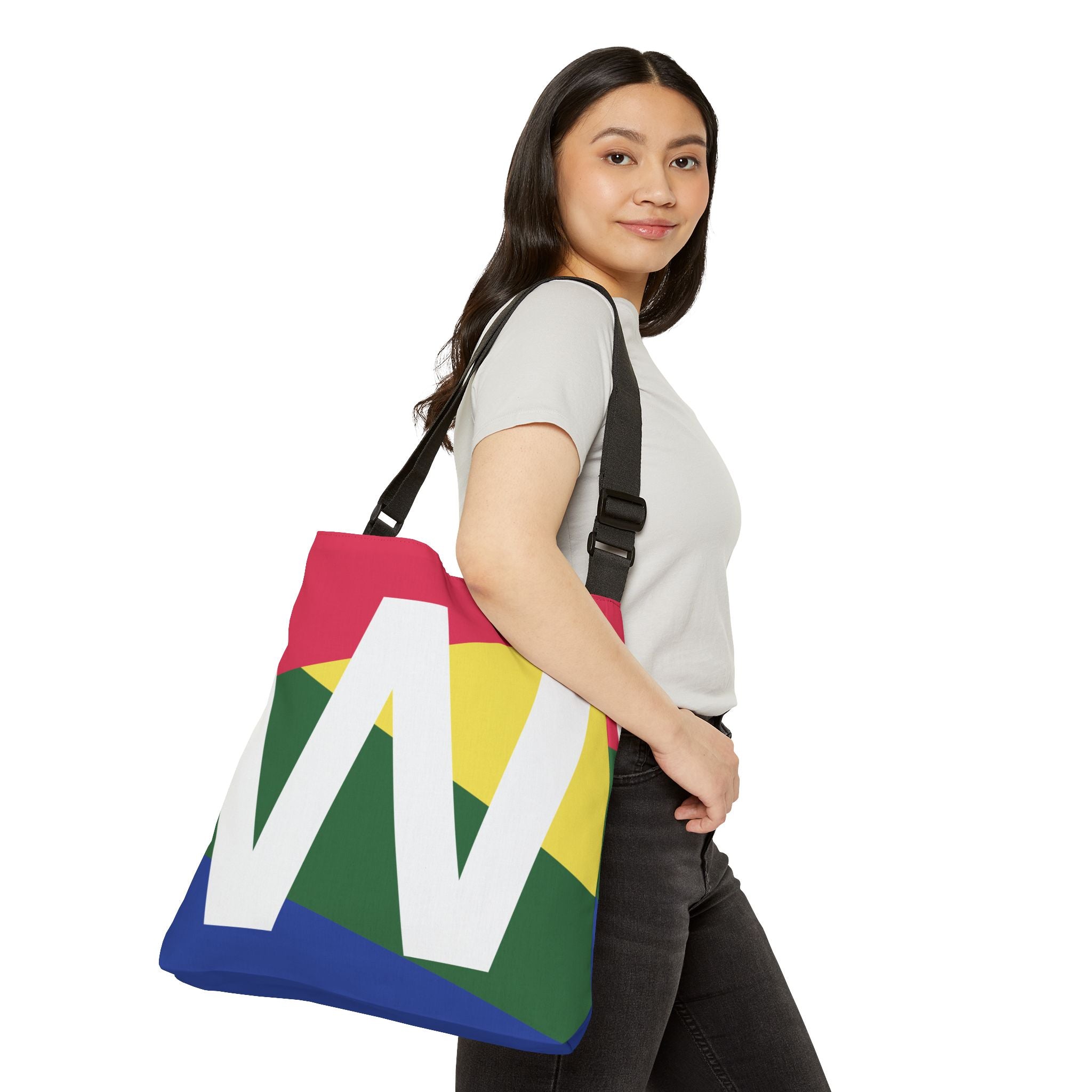 Initial Letter 'W' Colorblock Adjustable Tote Bag — Monogram Alphabet Shoulder Bag