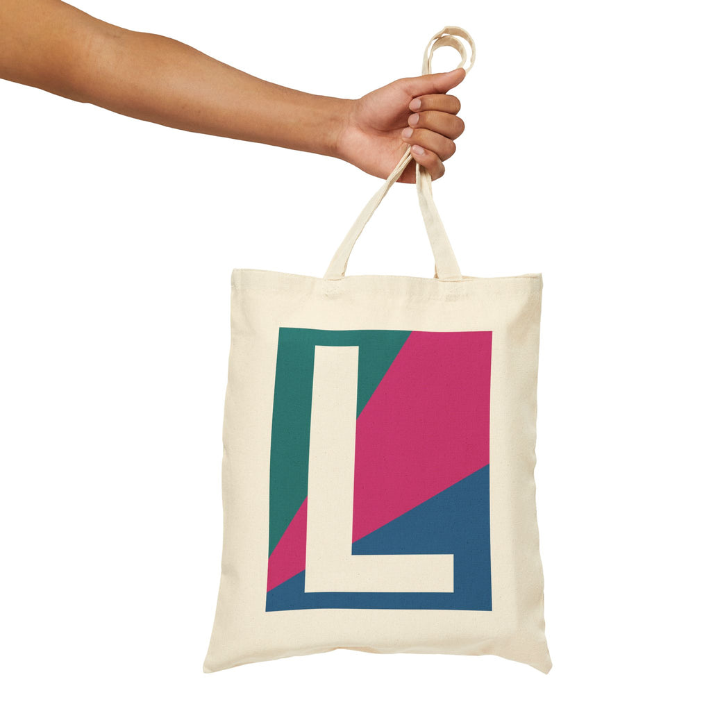 Initial L Colorblock Canvas Tote Bag — Monogram Letter L Reusable Grocery Tote