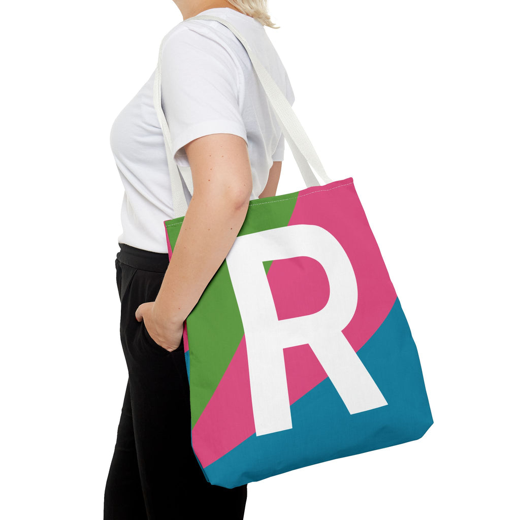 Monogram 'R' Colorblock Tote Bag — Personalized Initial R Shoulder Tote