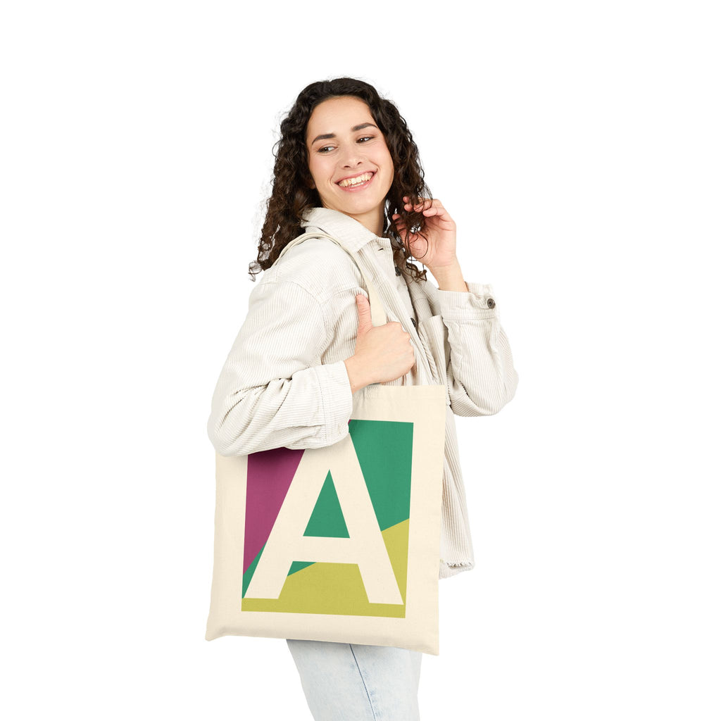 Initial A Colorblock Canvas Tote Bag — Monogram Letter A Reusable Grocery Tote