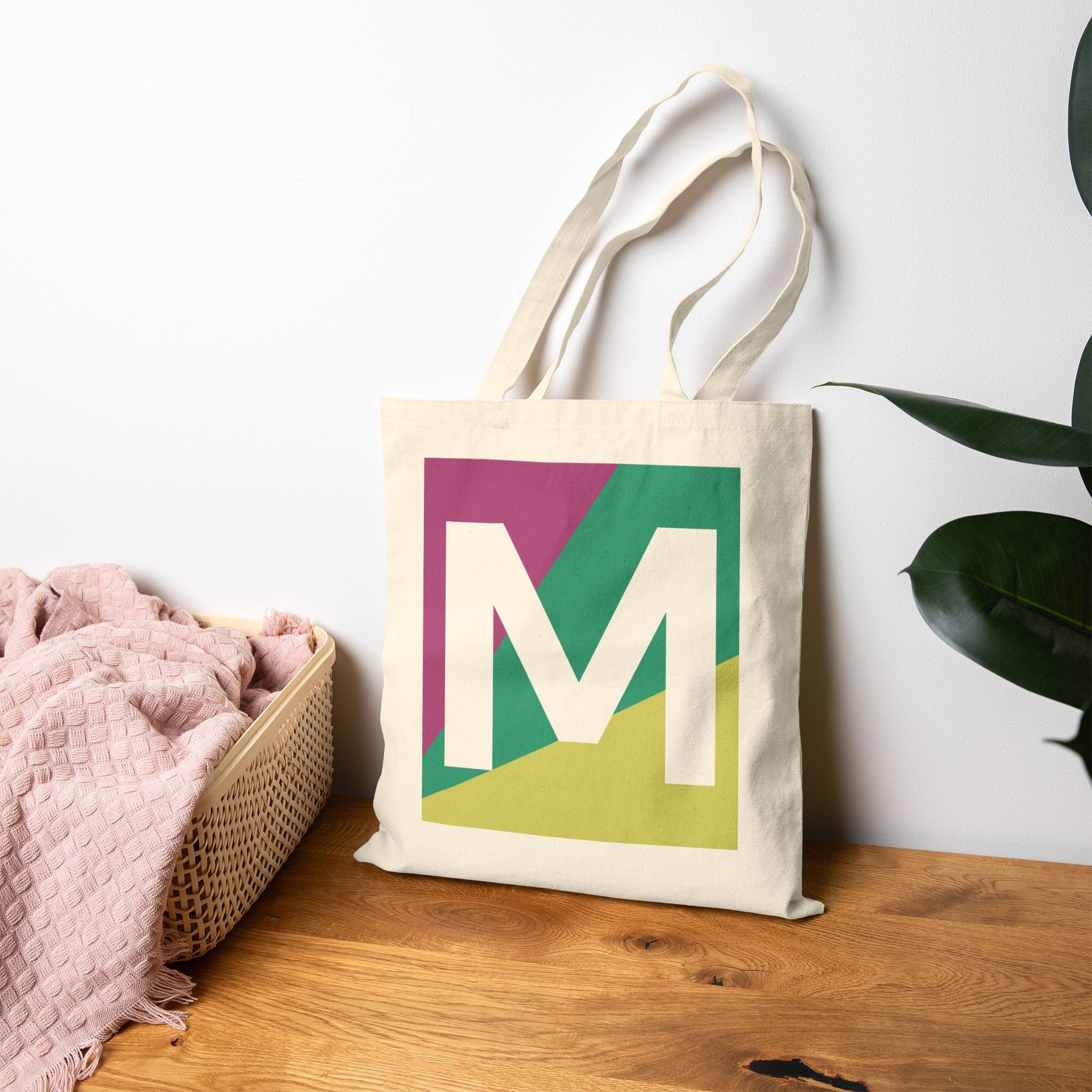 Initial M Colorblock Canvas Tote Bag — Monogram Letter M Reusable Grocery Tote