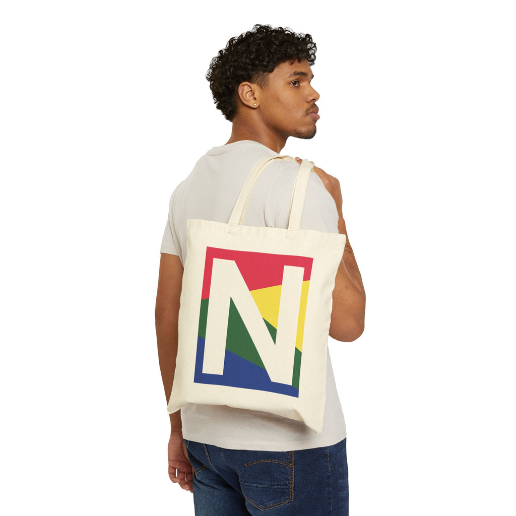 Initial N Colorblock Canvas Tote Bag — Monogram Letter N Reusable Grocery Tote