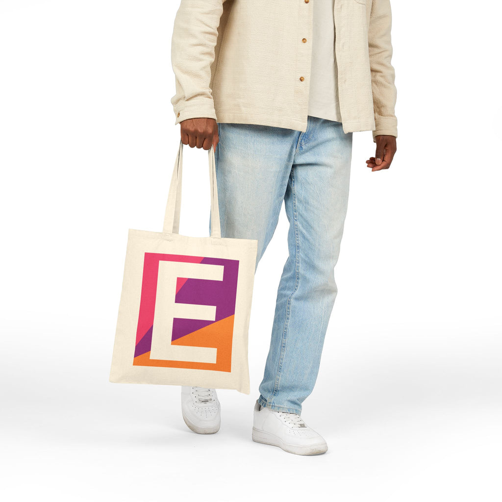 Initial E Colorblock Canvas Tote Bag — Monogram Letter E Reusable Grocery Tote