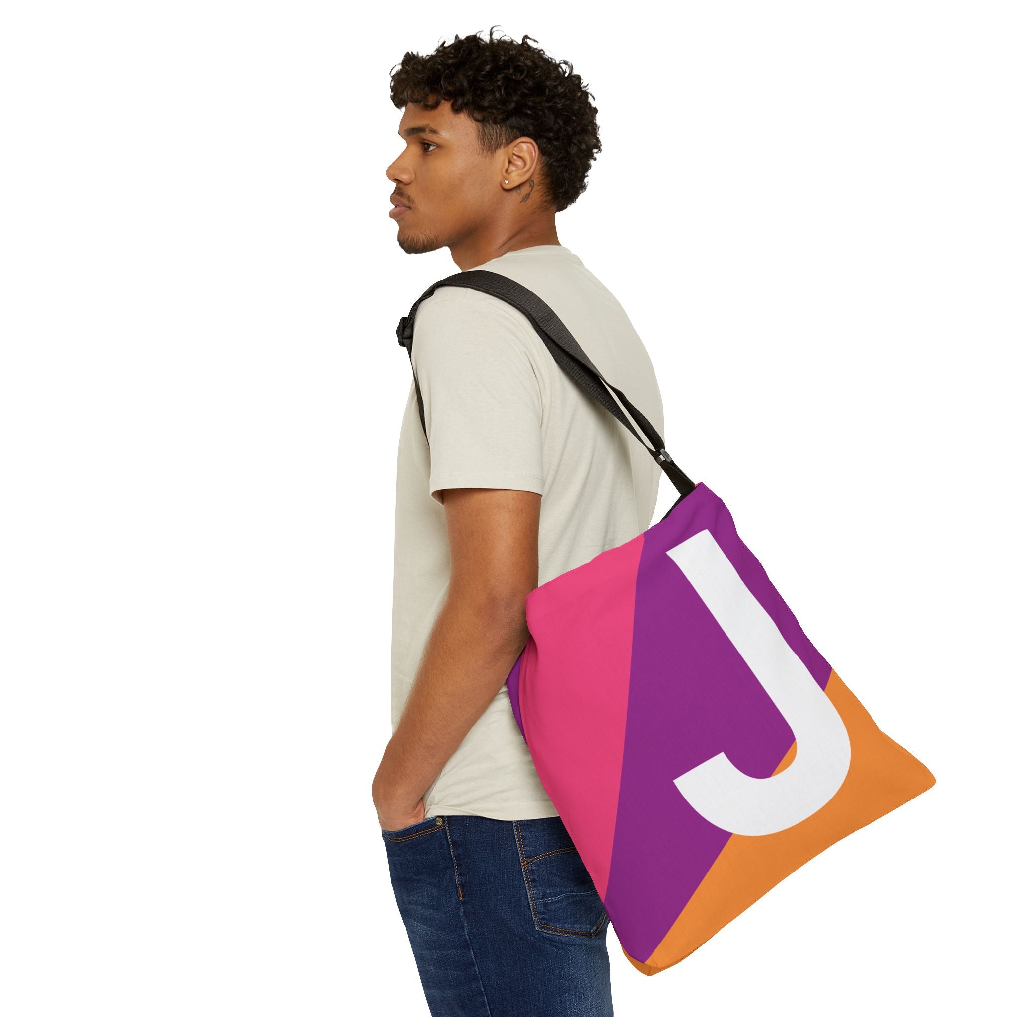 Initial Letter 'J' Colorblock Adjustable Tote Bag — Monogram Alphabet Shoulder Bag