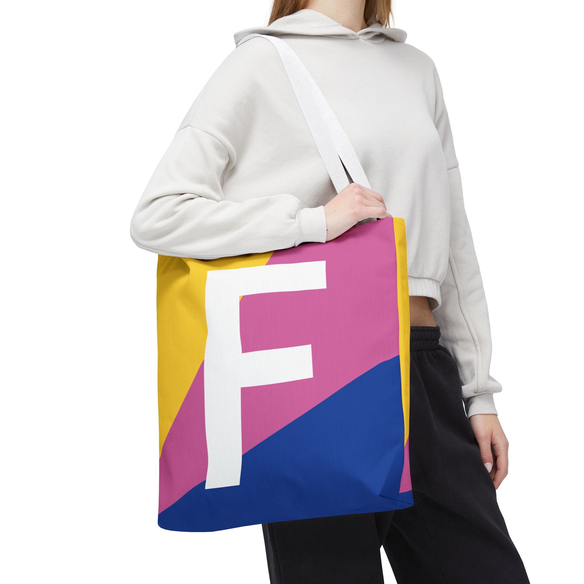 Monogram 'F' Colorblock Tote Bag — Personalized Initial F Shoulder Tote