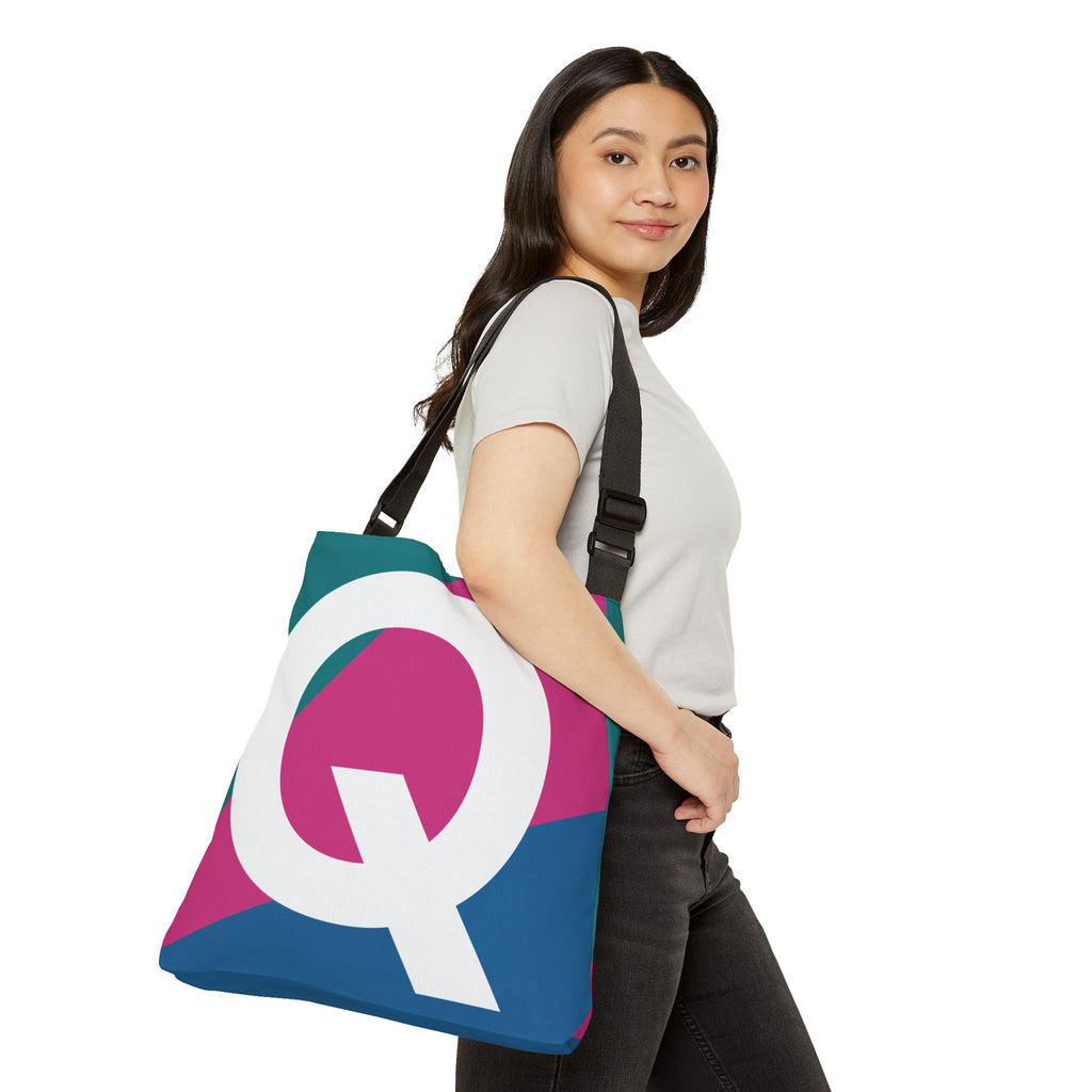 Initial Letter 'Q' Colorblock Adjustable Tote Bag — Monogram Alphabet Shoulder Bag