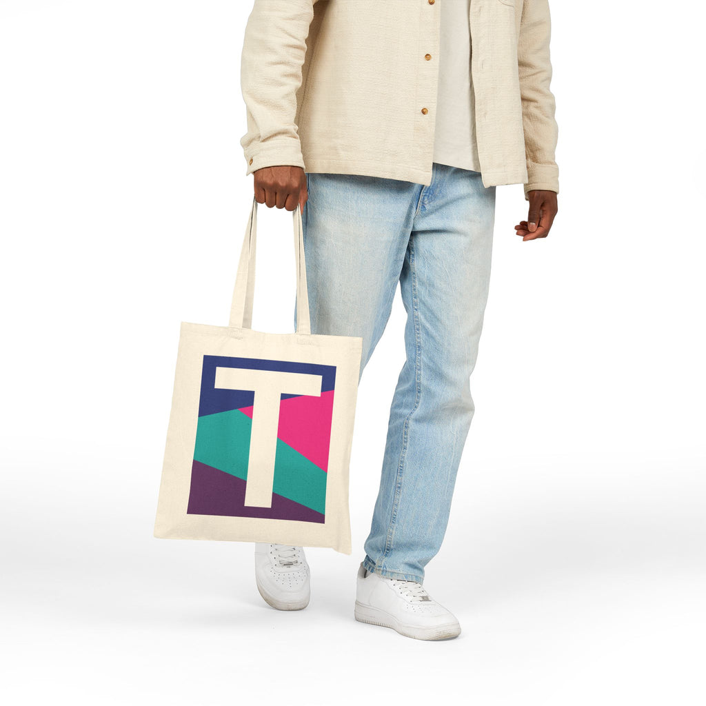 Initial T Colorblock Canvas Tote Bag — Monogram Letter T Reusable Grocery Tote
