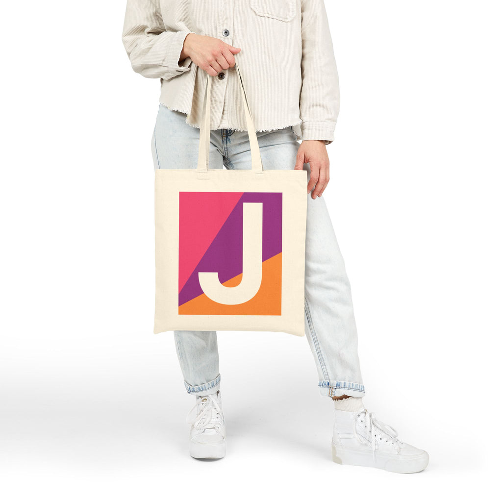 Initial J Colorblock Canvas Tote Bag — Monogram Letter J Reusable Grocery Tote
