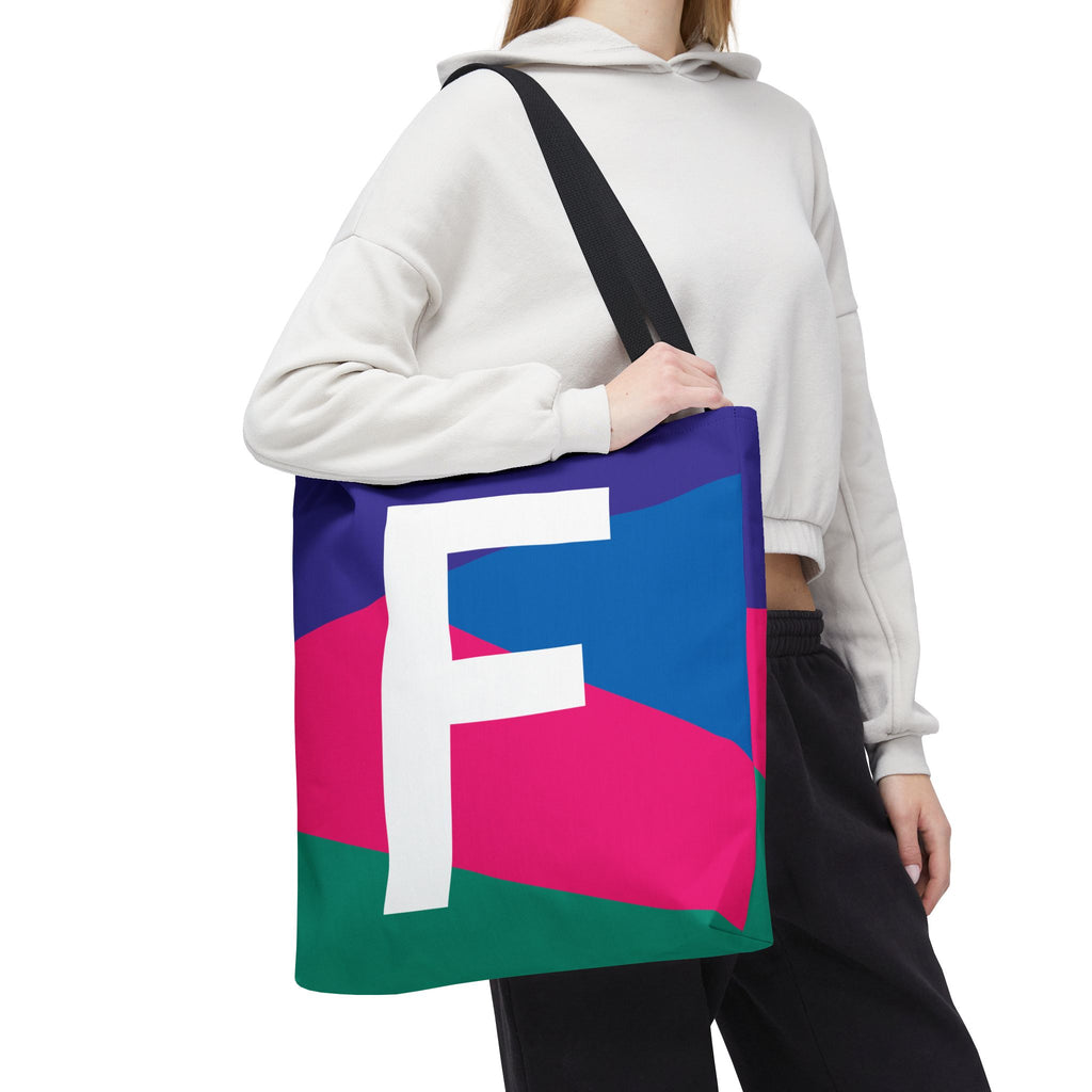 Monogram 'F' Colorblock Tote Bag — Personalized Initial F Shoulder Tote