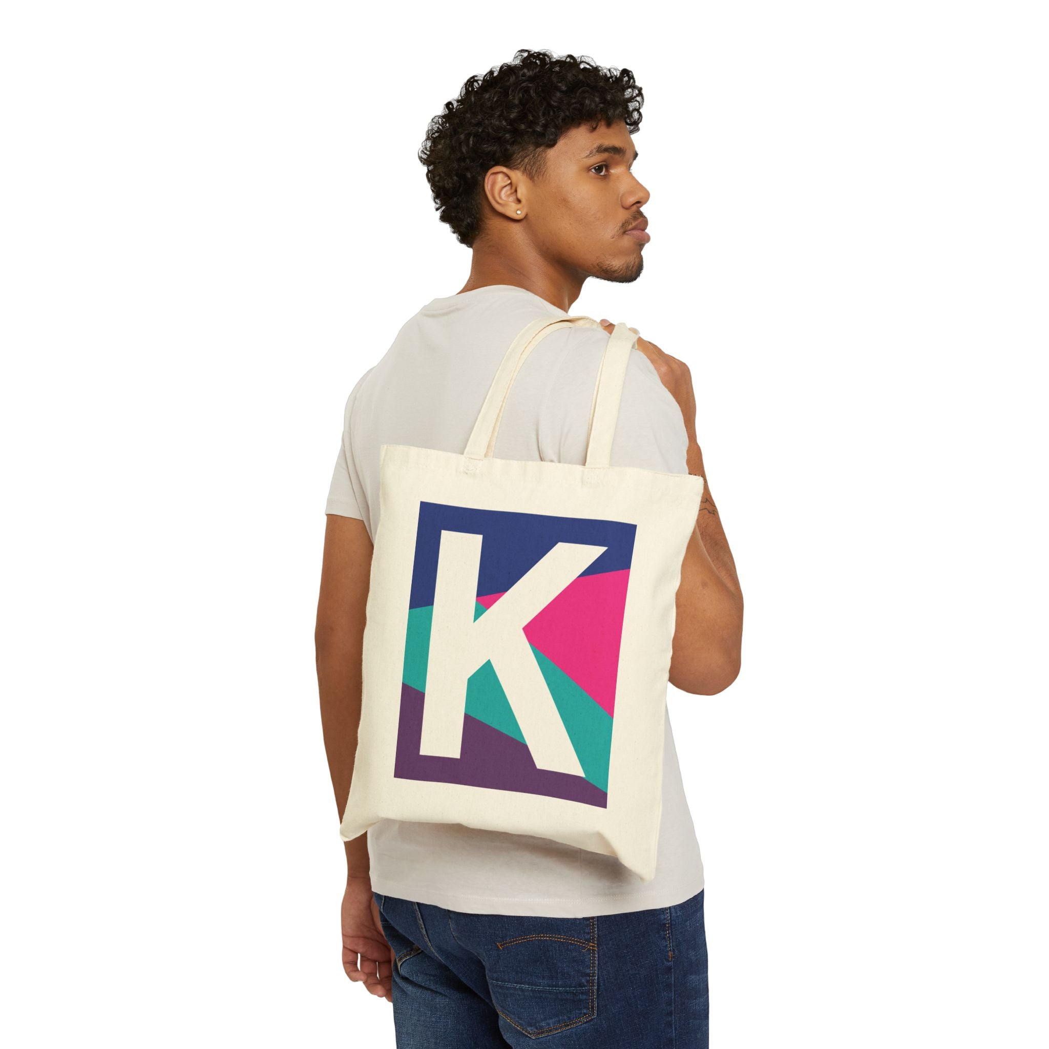 Initial K Colorblock Canvas Tote Bag — Monogram Letter K Reusable Grocery Tote