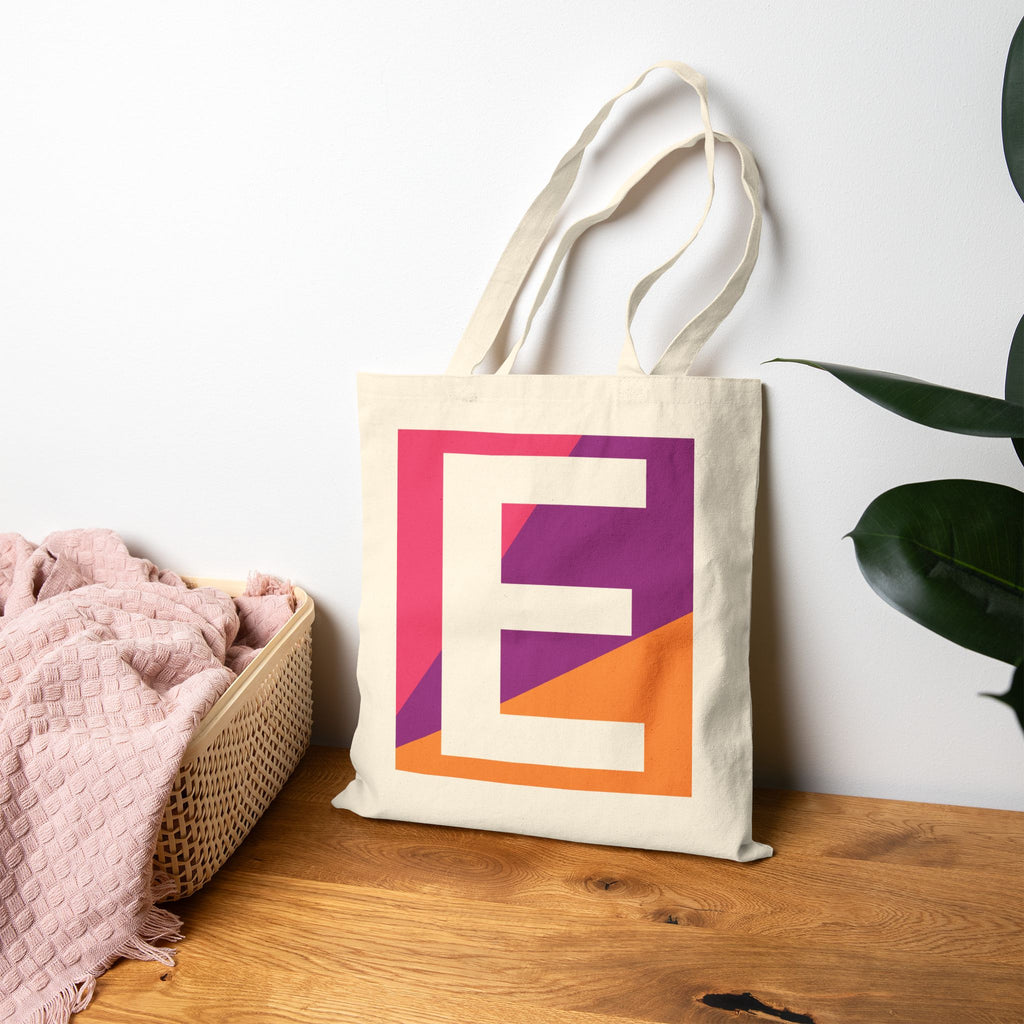 Initial E Colorblock Canvas Tote Bag — Monogram Letter E Reusable Grocery Tote