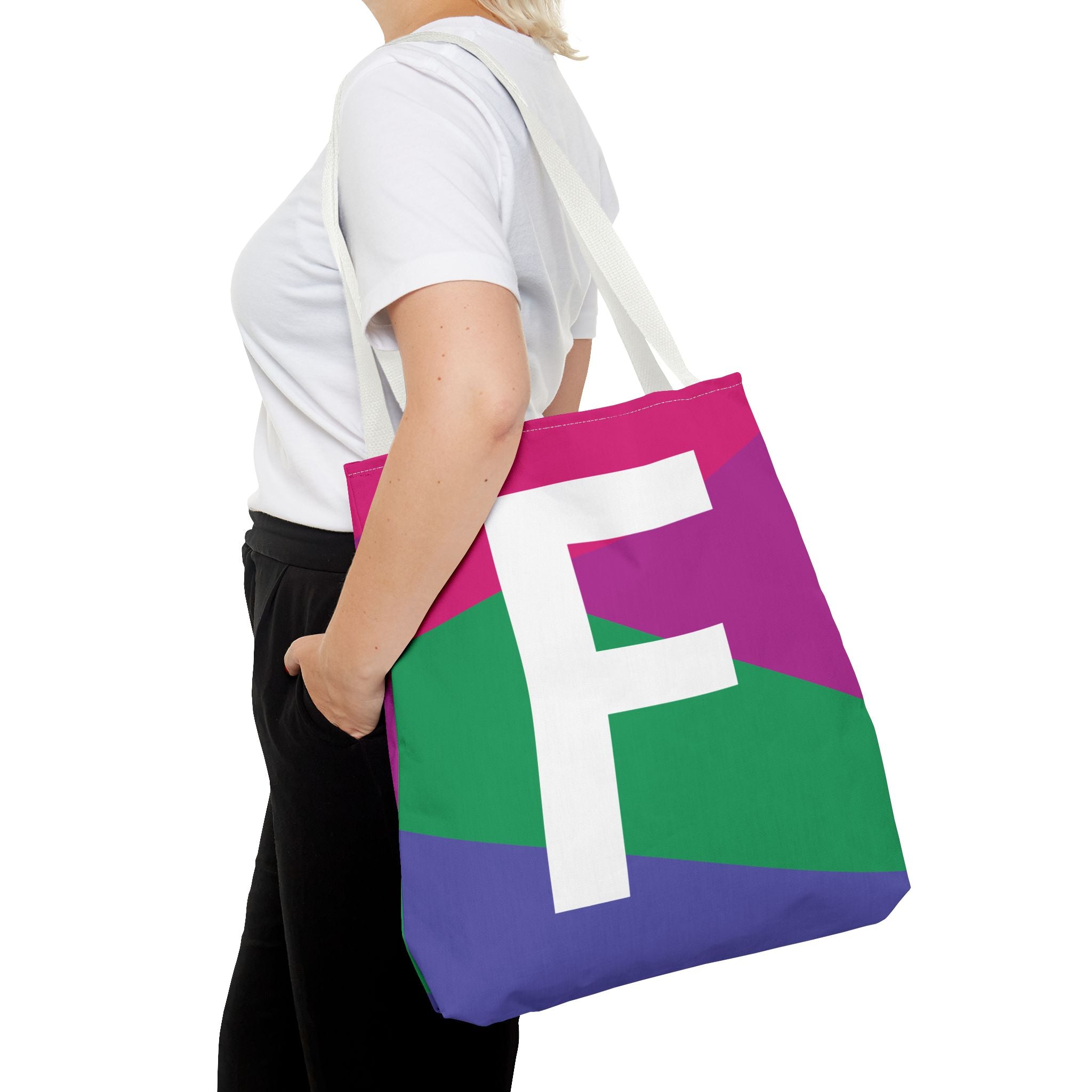 Monogram 'F' Colorblock Tote Bag — Personalized Initial F Shoulder Tote