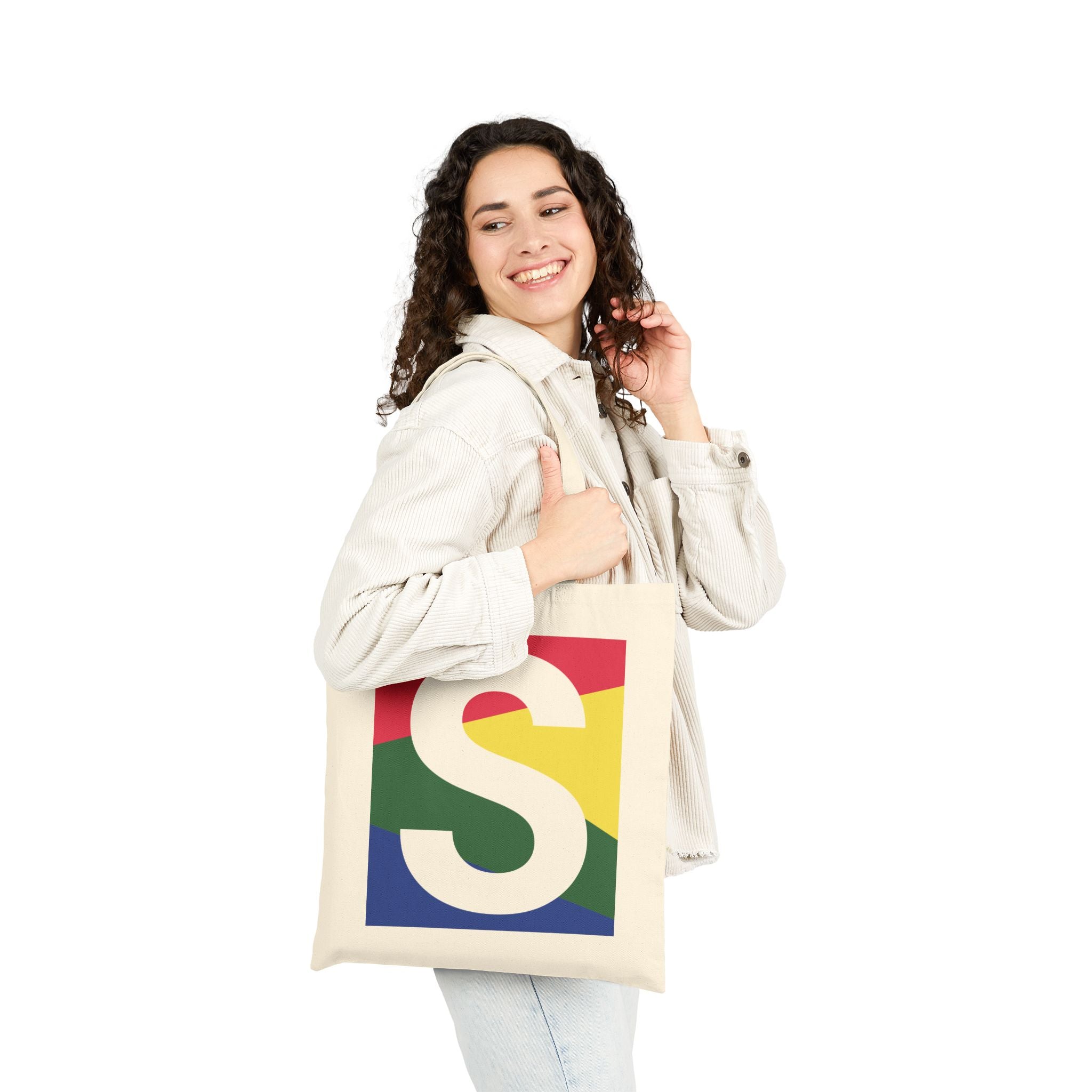 Initial S Colorblock Canvas Tote Bag — Monogram Letter S Reusable Grocery Tote