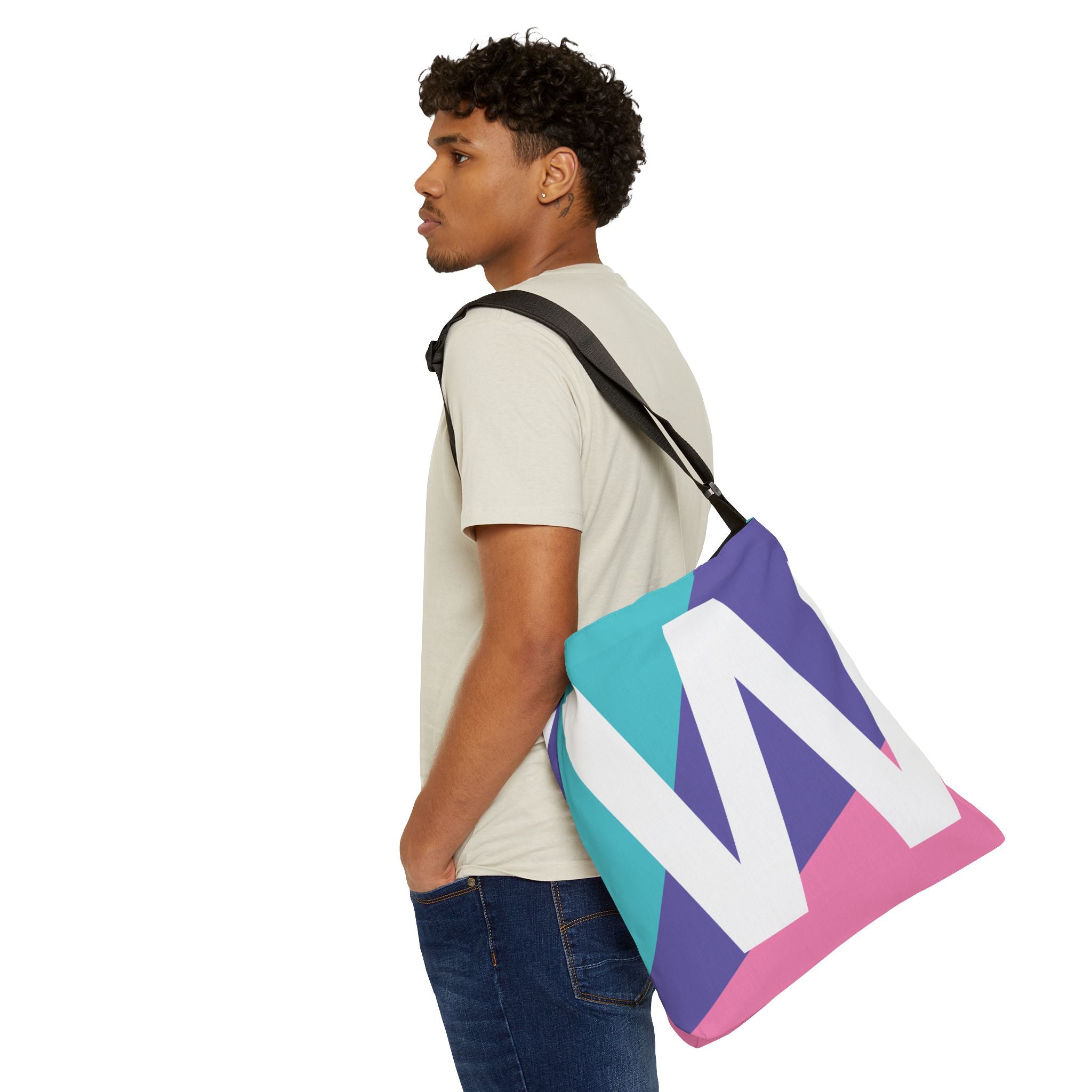 Letter 'W' Colorblock Adjustable Tote Bag — Monogram Alphabet Shoulder Bag