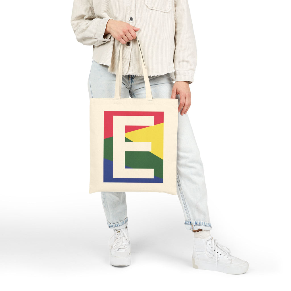 Initial E Colorblock Canvas Tote Bag — Monogram Letter E Reusable Grocery Tote