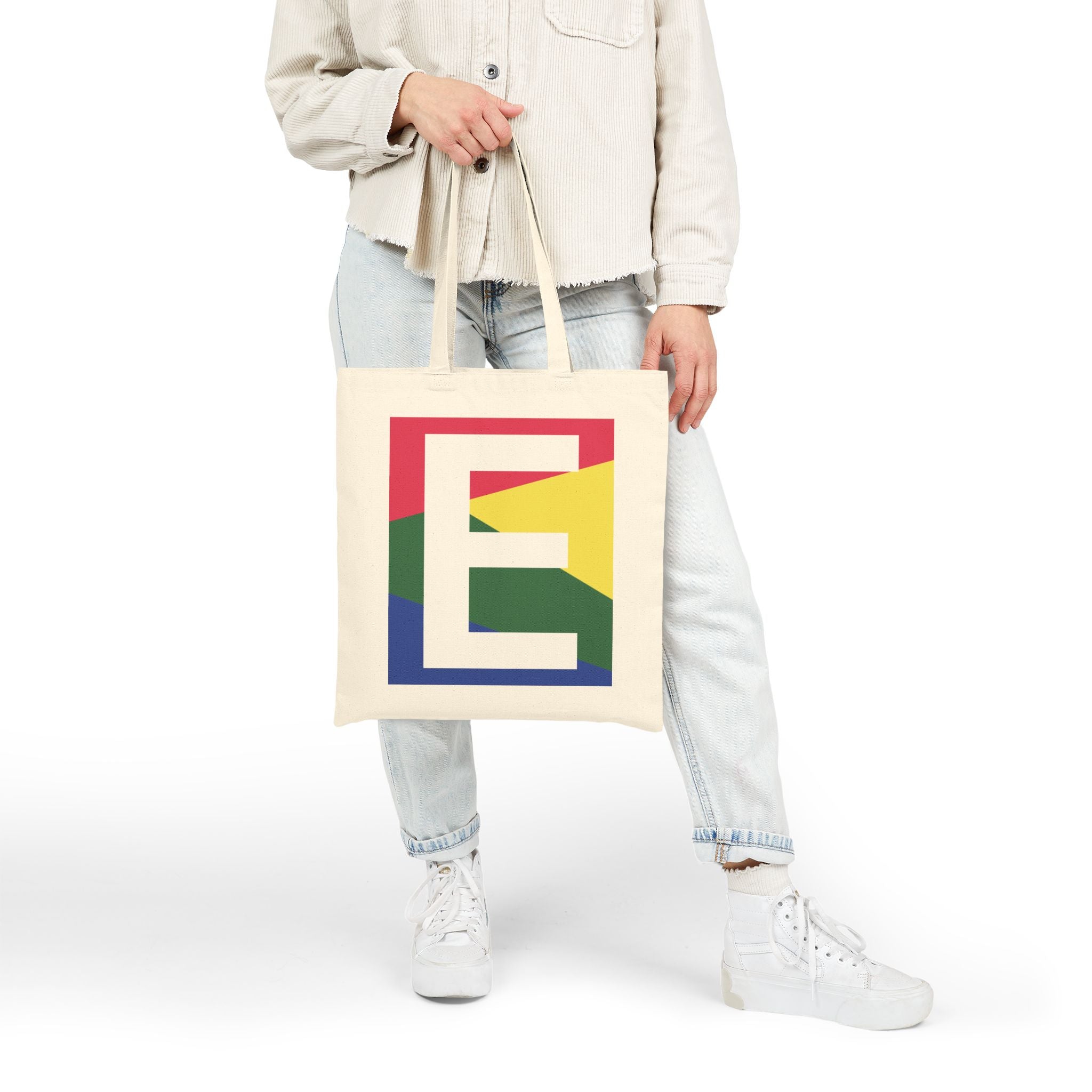 Initial E Colorblock Canvas Tote Bag — Monogram Letter E Reusable Grocery Tote