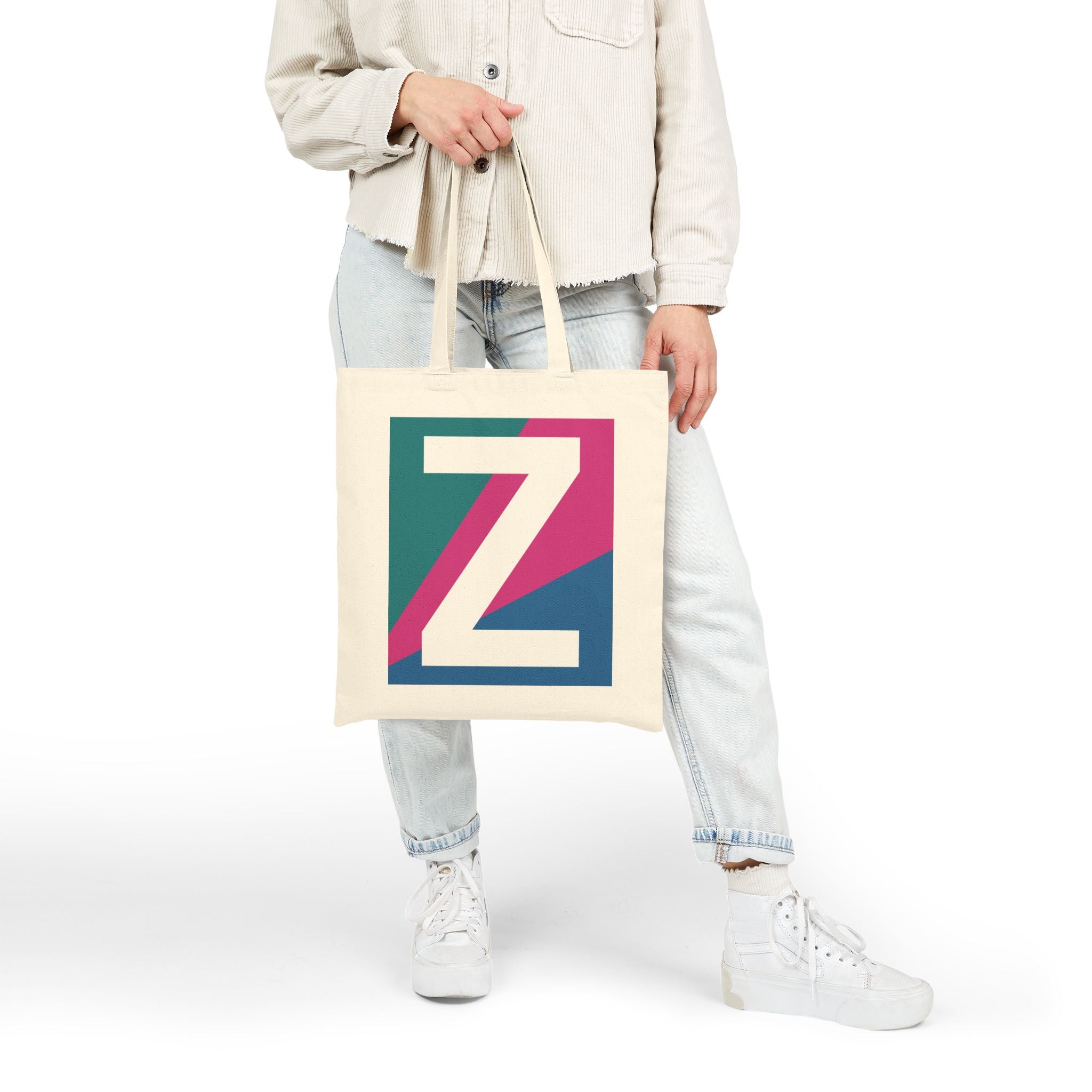 Initial Z Colorblock Canvas Tote Bag — Monogram Letter Z Reusable Grocery Tote