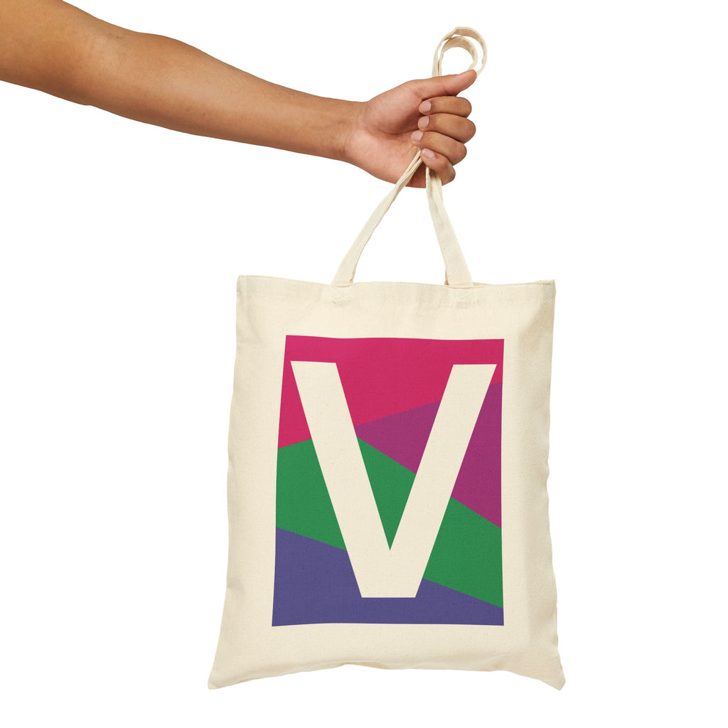 Initial V Colorblock Canvas Tote Bag — Monogram Letter V Reusable Grocery Tote
