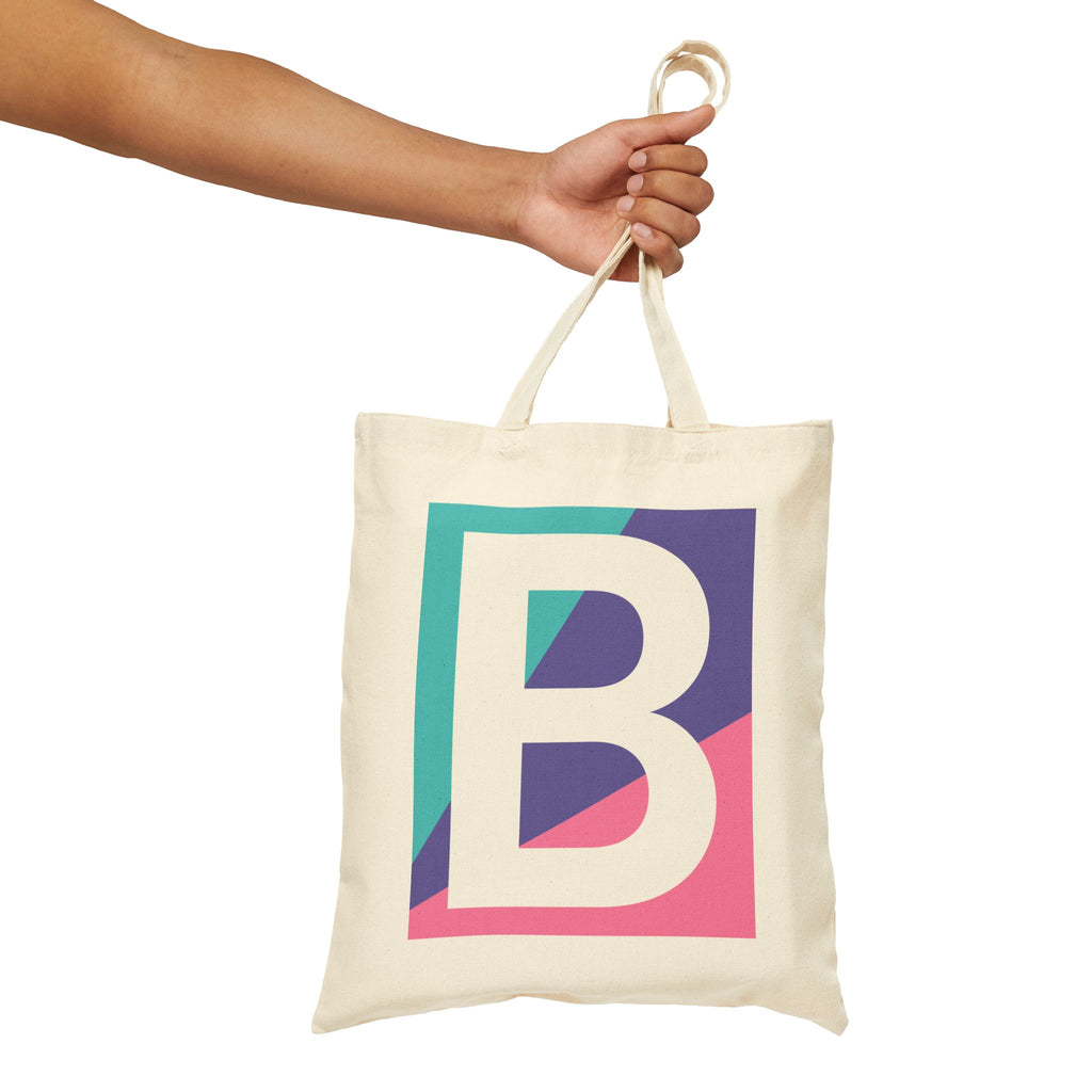 Initial B Colorblock Canvas Tote Bag — Monogram Letter B Reusable Grocery Tote