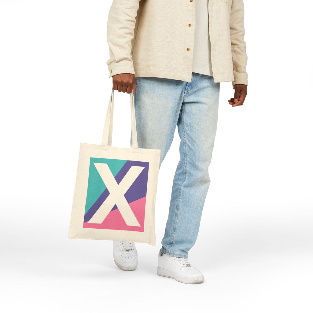 Initial X Colorblock Canvas Tote Bag — Monogram Letter X Reusable Grocery Tote