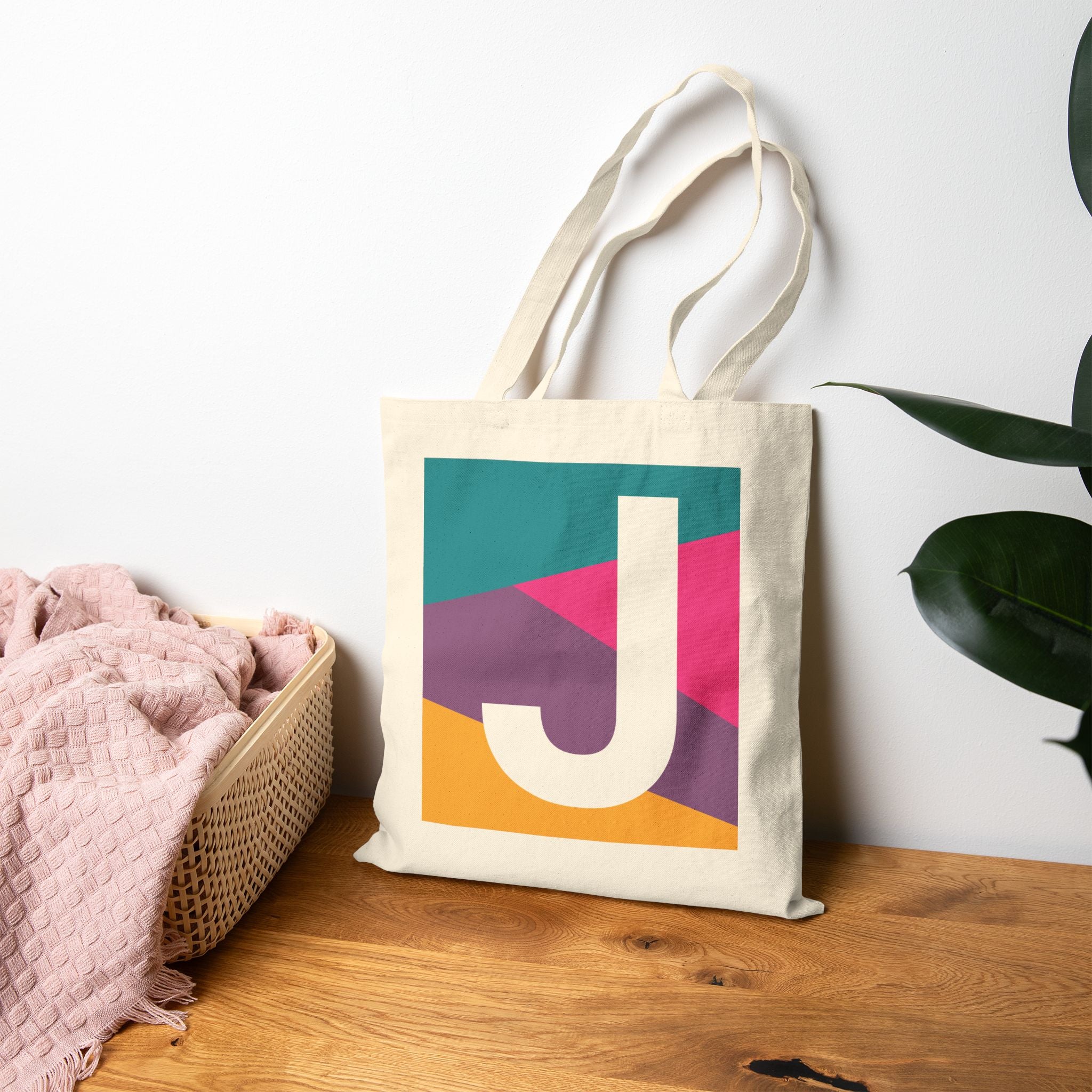 Initial J Colorblock Canvas Tote Bag — Monogram Letter J Reusable Grocery Tote