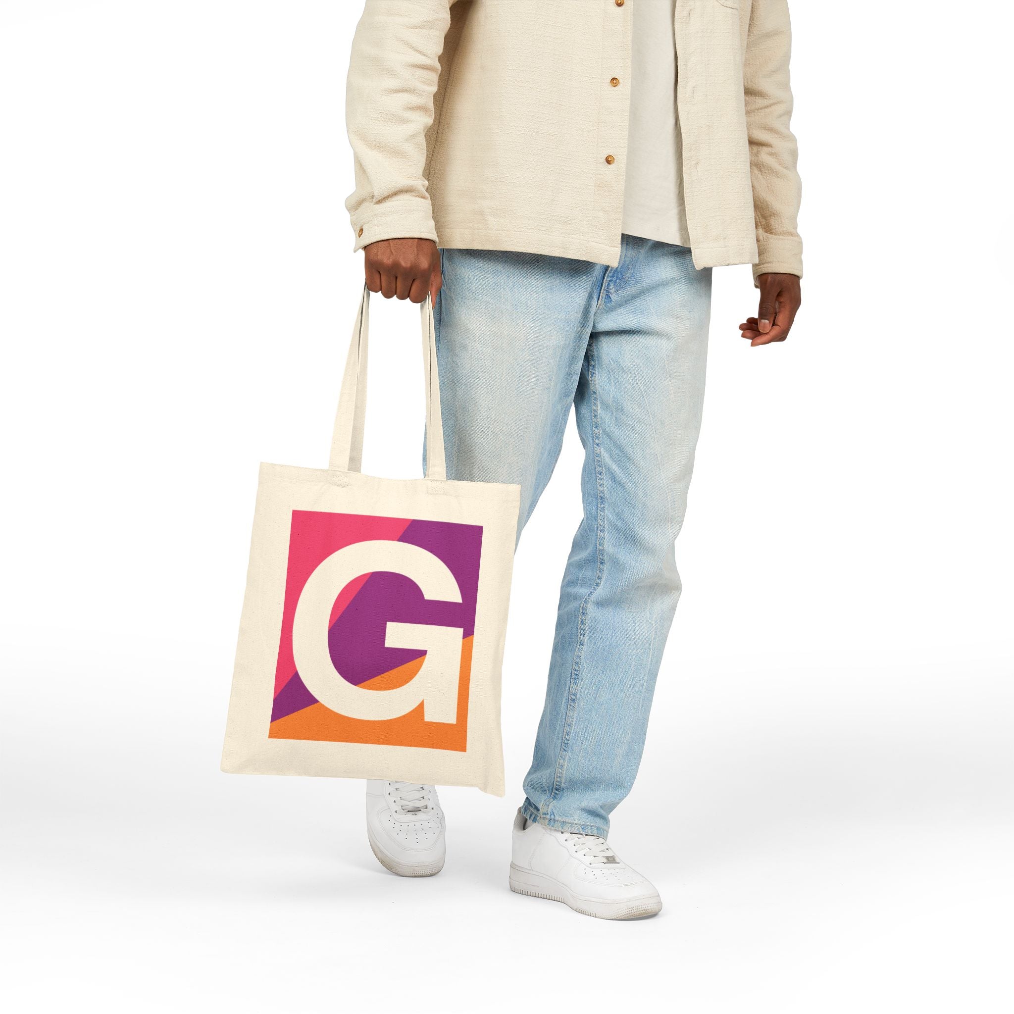 Initial G Colorblock Canvas Tote Bag — Monogram Letter G Reusable Grocery Tote