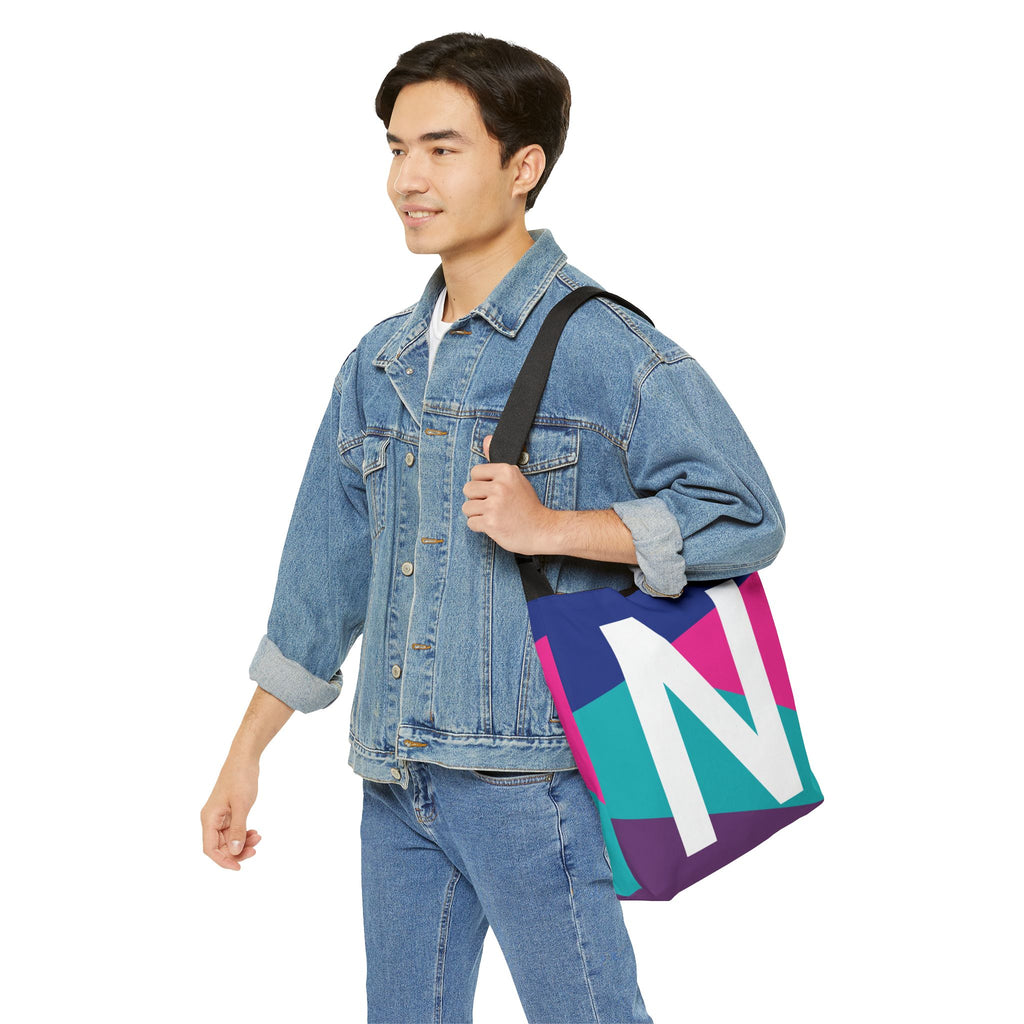 Initial Letter 'N' Colorblock Adjustable Tote Bag — Monogram Alphabet Shoulder Bag