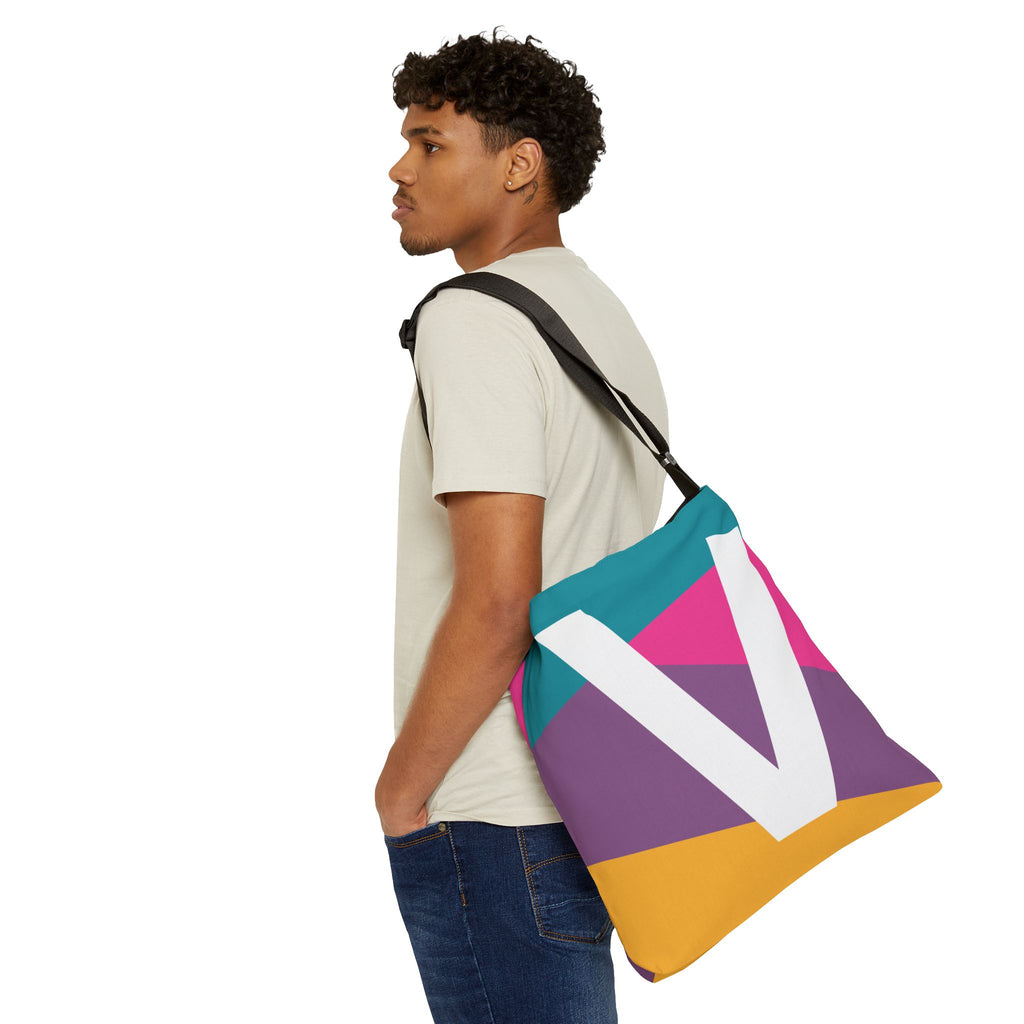 Initial Letter 'V' Colorblock Adjustable Tote Bag — Monogram Alphabet Shoulder Bag