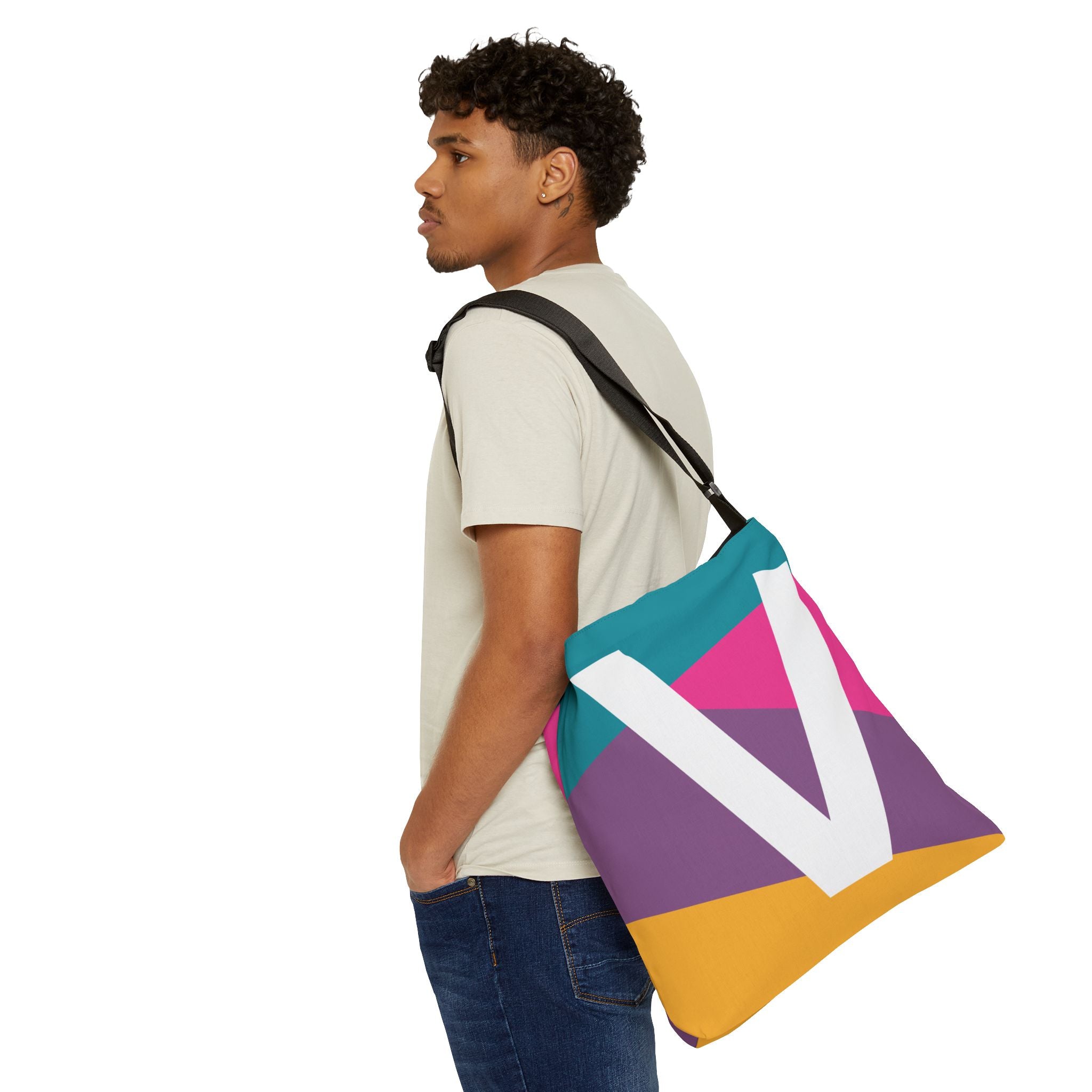Initial Letter 'V' Colorblock Adjustable Tote Bag — Monogram Alphabet Shoulder Bag