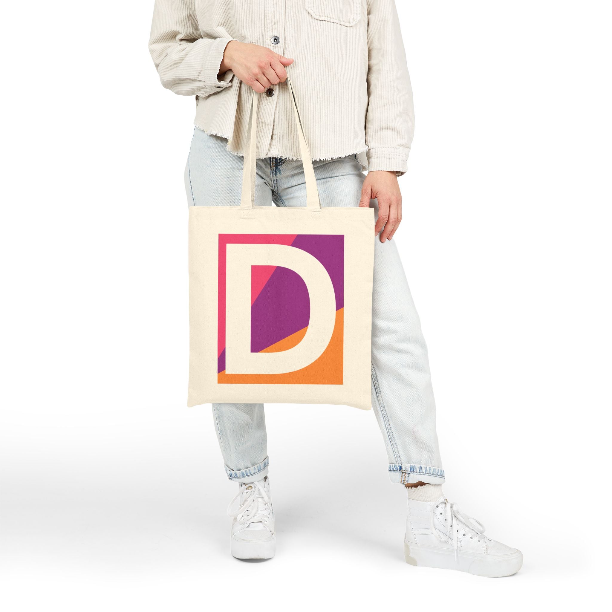 Initial D Colorblock Canvas Tote Bag — Monogram Letter D Reusable Grocery Tote