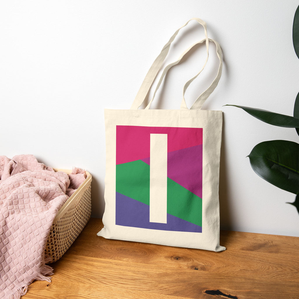 Initial I Colorblock Canvas Tote Bag — Monogram Letter I Reusable Grocery Tote