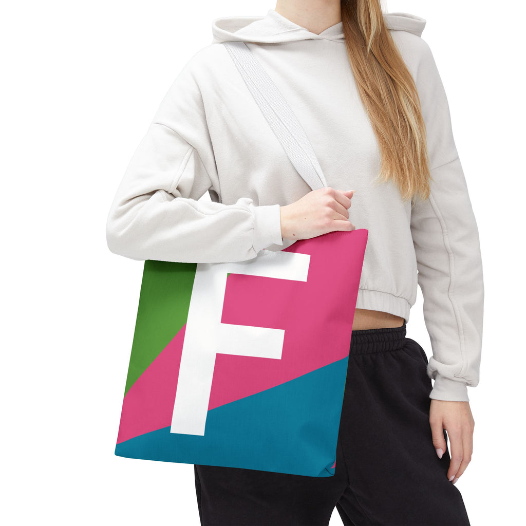 Monogram 'F' Colorblock Tote Bag — Personalized Initial F Shoulder Tote