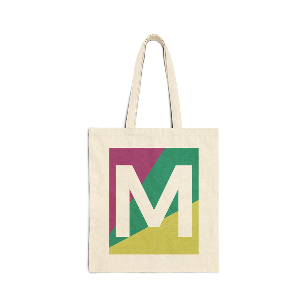Initial M Colorblock Canvas Tote Bag — Monogram Letter M Reusable Grocery Tote