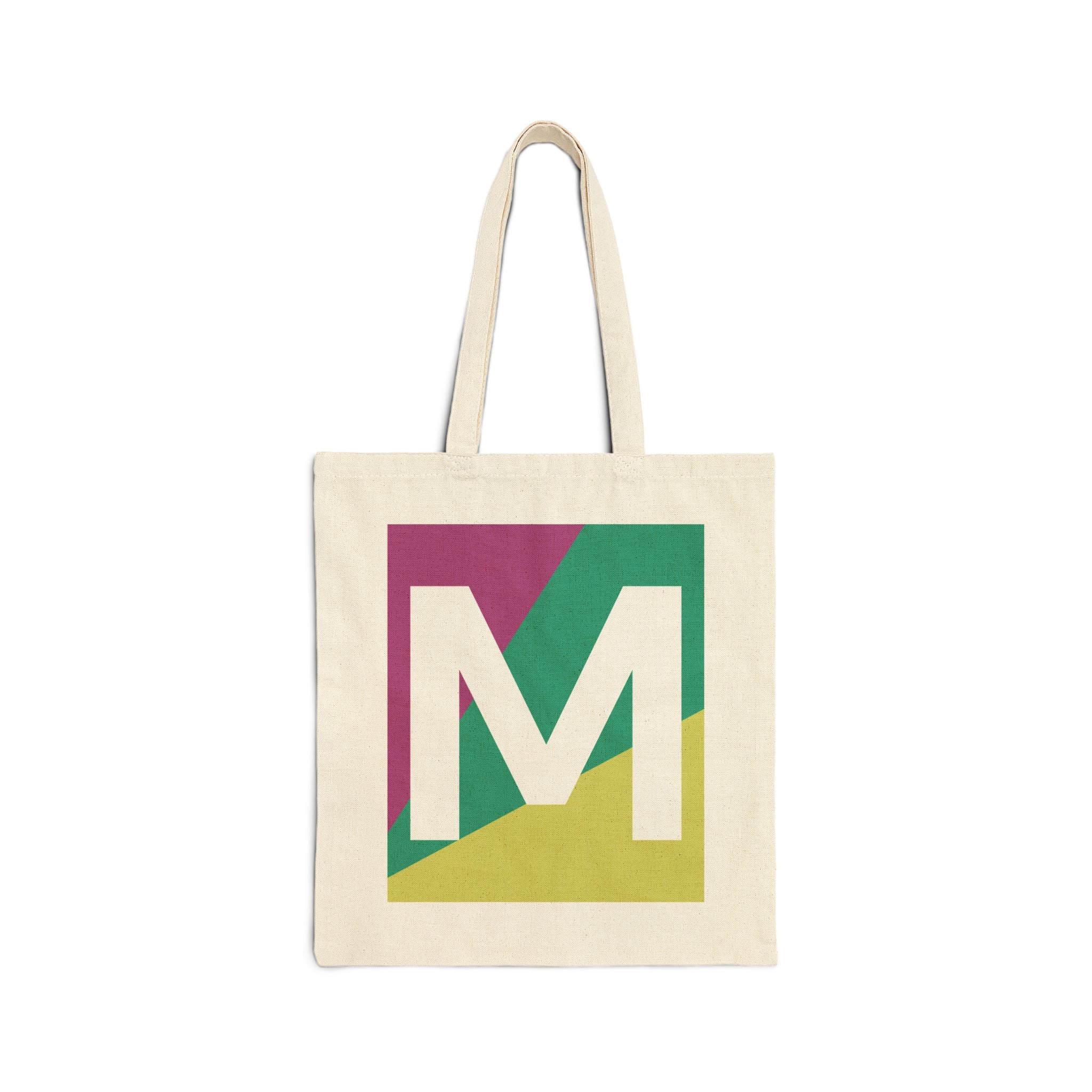 Initial M Colorblock Canvas Tote Bag — Monogram Letter M Reusable Grocery Tote