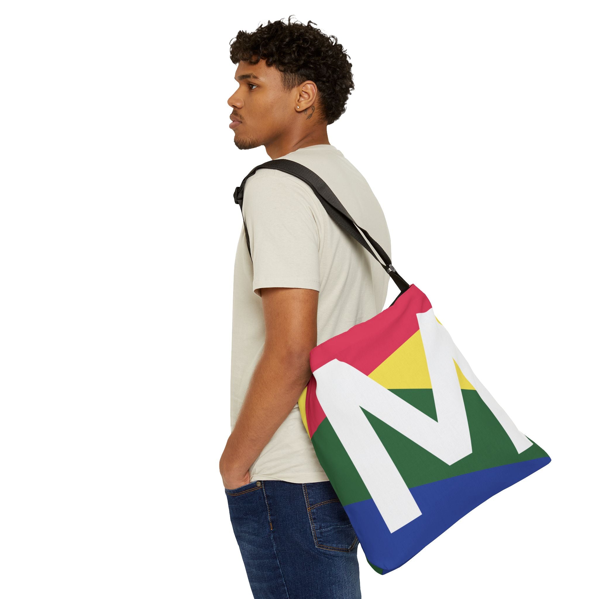 Initial Letter 'M' Colorblock Adjustable Tote Bag — Monogram Alphabet Shoulder Bag