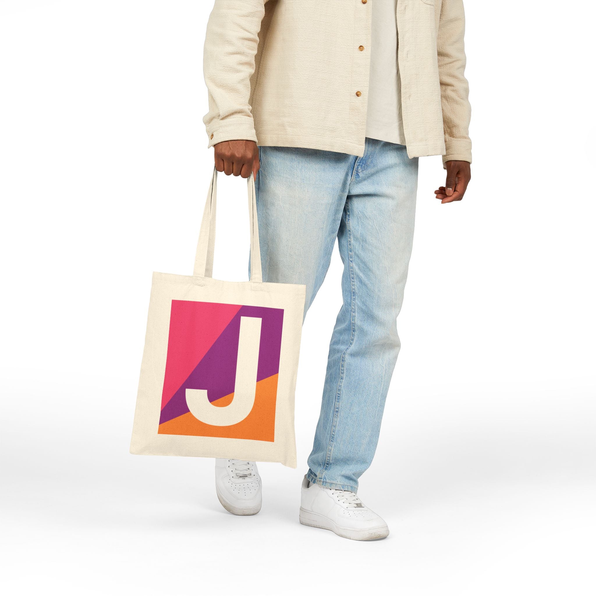 Initial J Colorblock Canvas Tote Bag — Monogram Letter J Reusable Grocery Tote