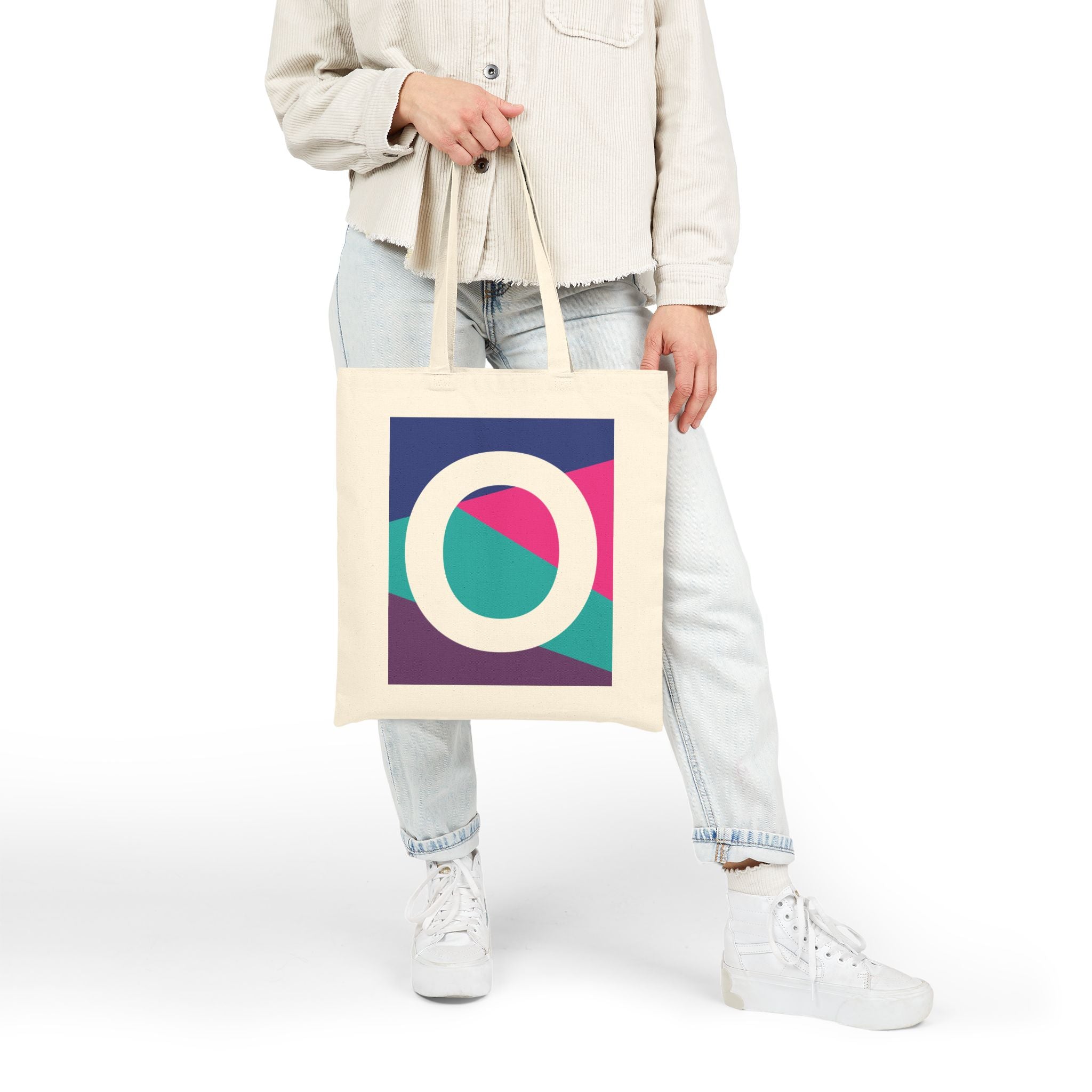 Initial O Colorblock Canvas Tote Bag — Monogram Letter O Reusable Grocery Tote