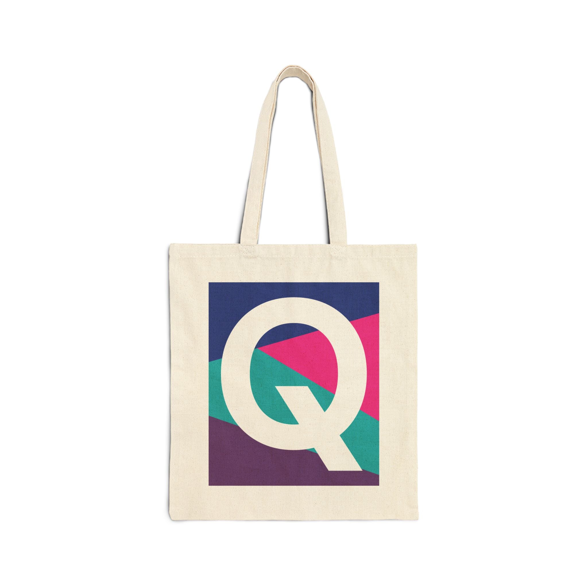 Initial Q Colorblock Canvas Tote Bag — Monogram Letter Q Reusable Grocery Tote