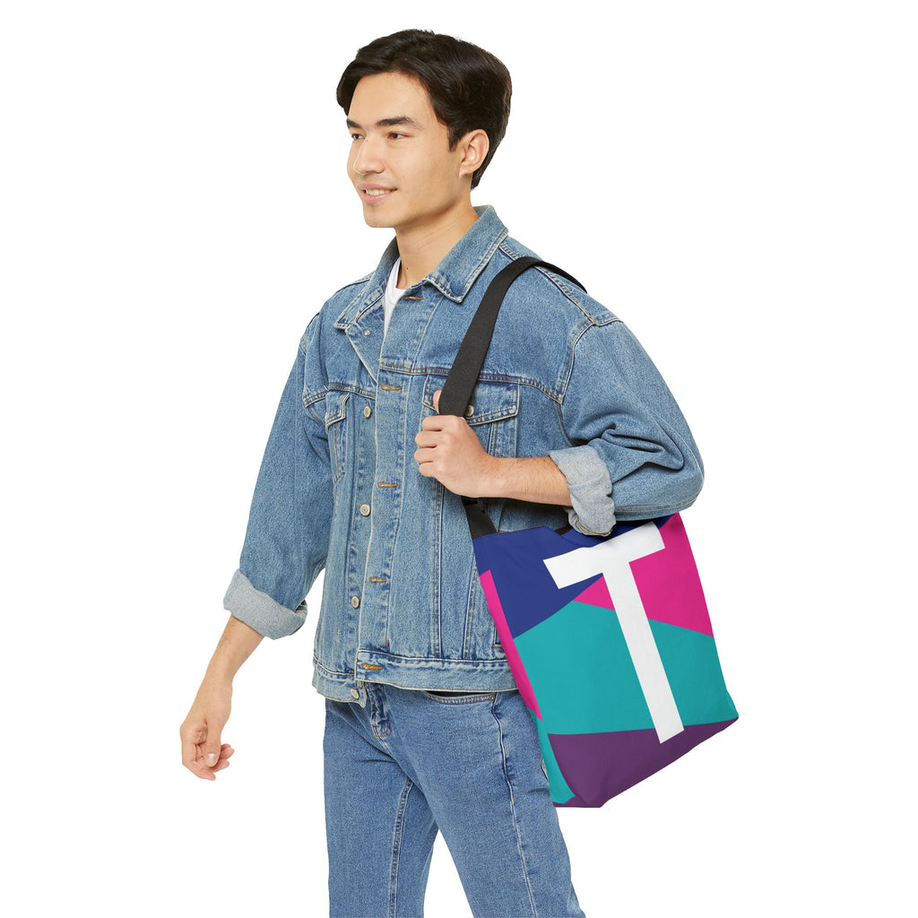Initial Letter 'T' Colorblock Adjustable Tote Bag — Monogram Alphabet Shoulder Bag